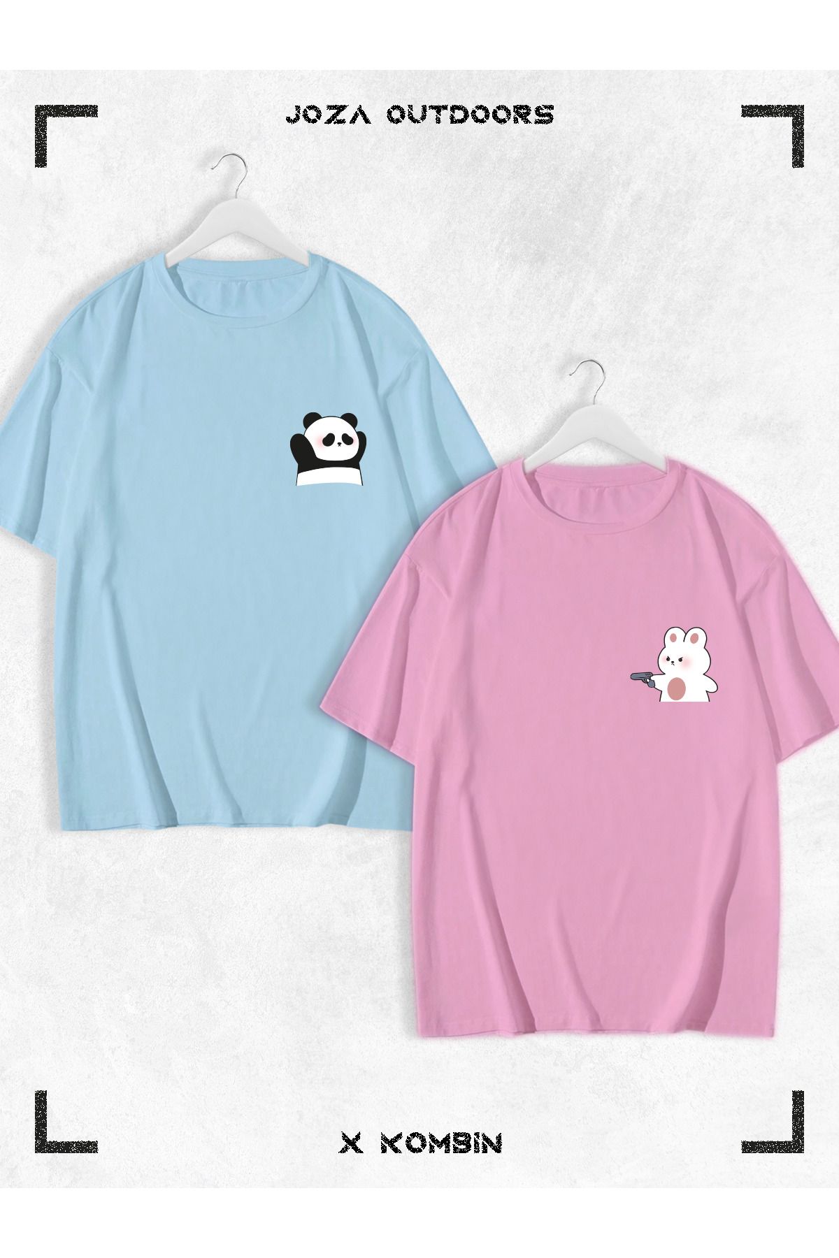 Joza Outdoors Kadın Erkek Unisex Sevimli Ayı Panda Baskılı Sevgili Çift Kombini Oversize Renkli Tshirt 2'li Takım