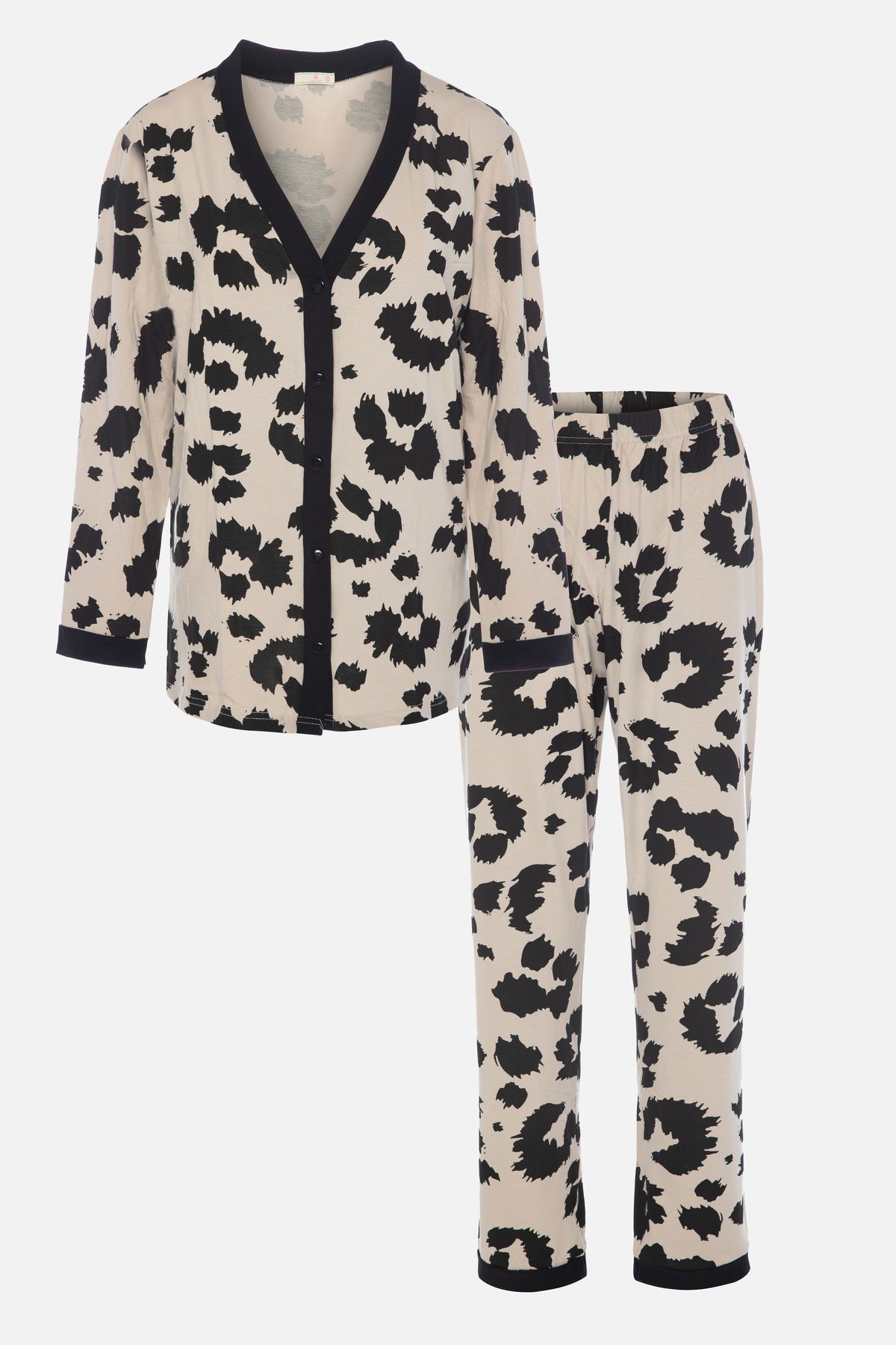 koza iç giyim Kadın Leopar Desenli Bant Detaylı Düğmeli Pijama Takımı