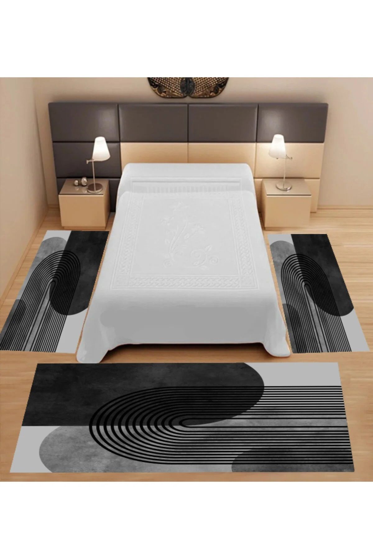 UYKE Dijital Baskılı Modern 3'lü Yatak Odası Halısı Yolluk Takımı ( 2 Adet 80x150 Cm) (1 Adet 80x300 Cm)