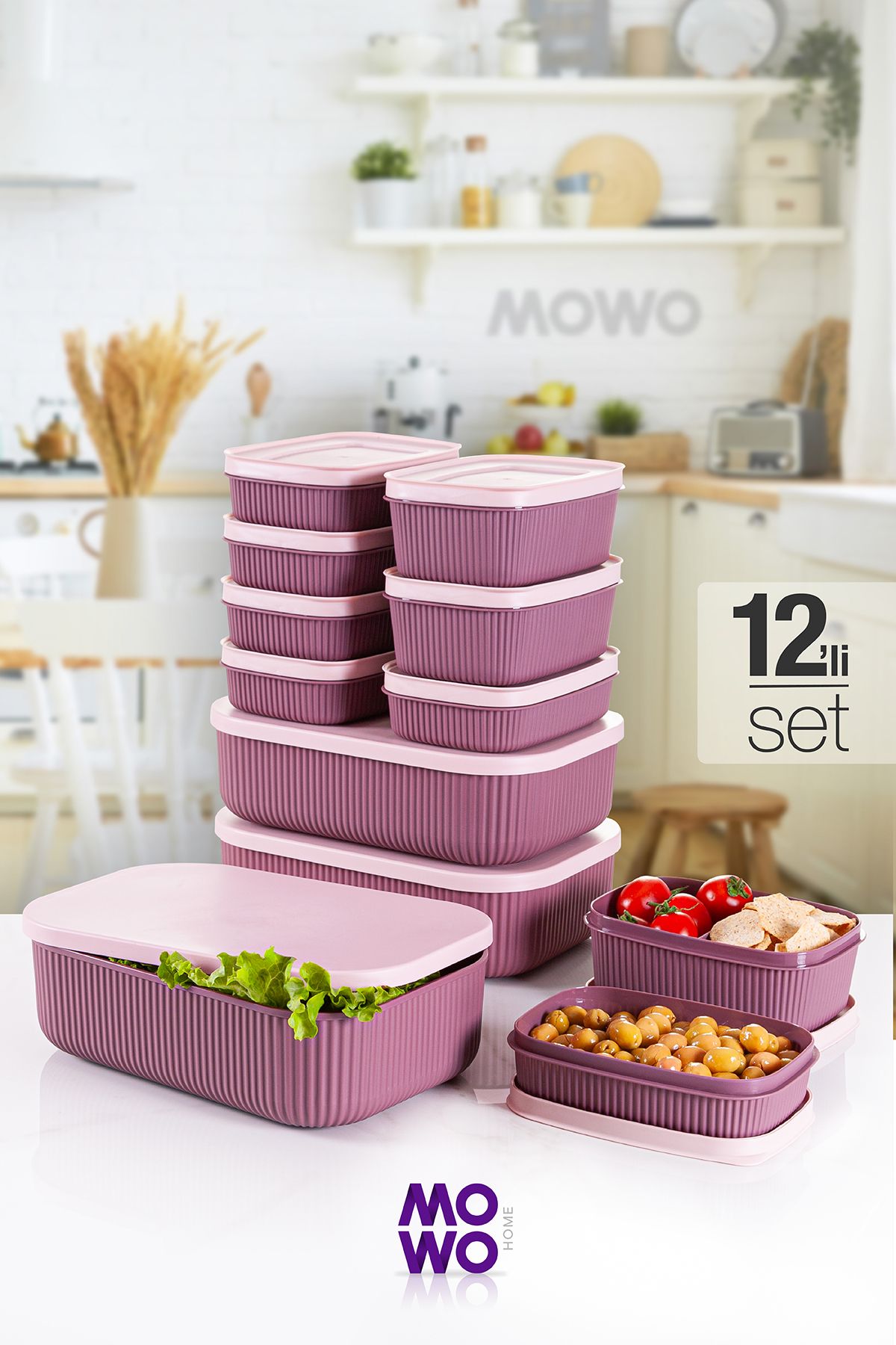 Mowo Home Trove 12 Li Set (MÜRDÜM) Mutfak Saklama Kabı, Erzak Kabı, Kahvaltılık