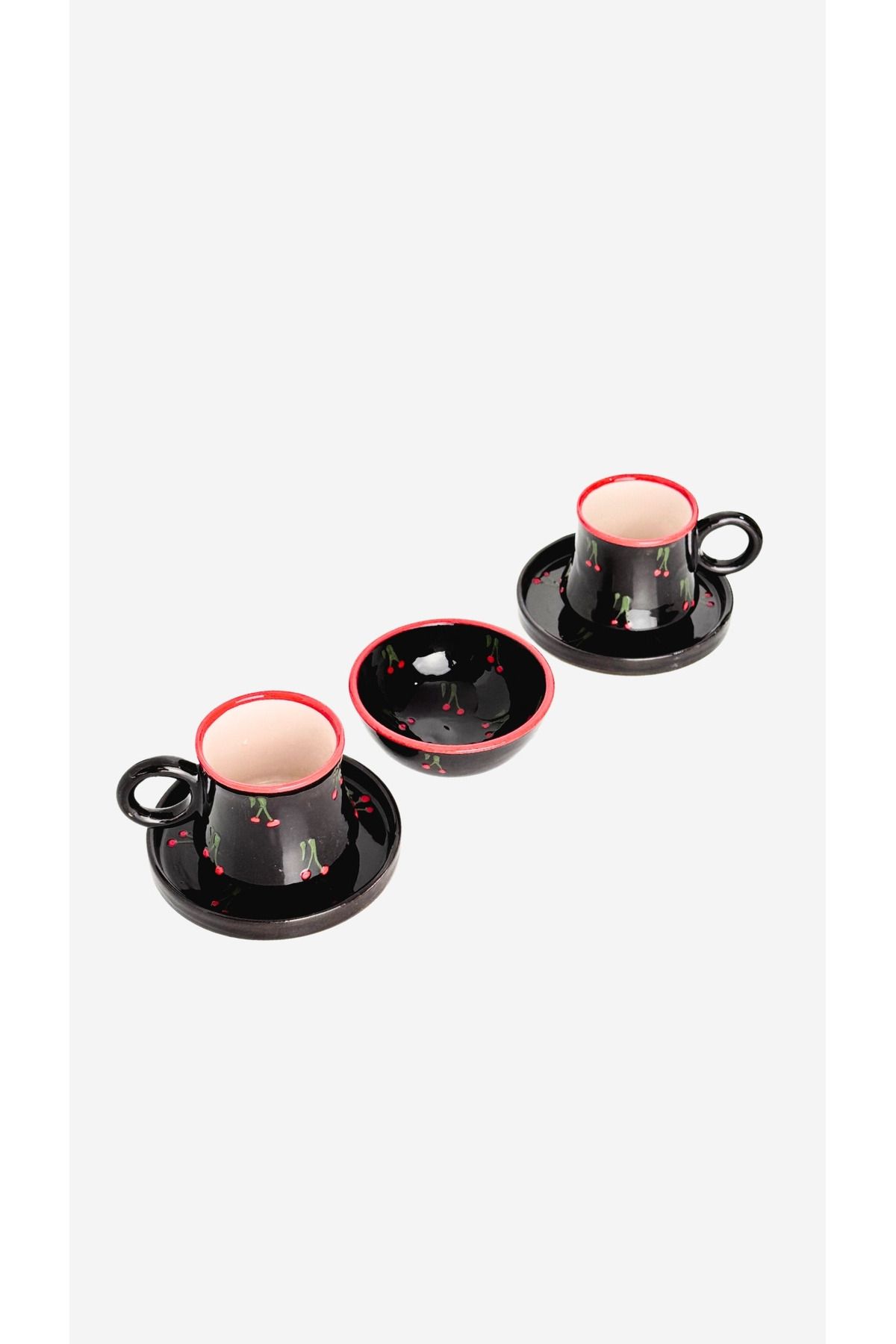 Gezdikçe Bilelim 2+1 Takım El Yapımı Siyah Kirazlı kazan Seramik Kahve Fincanı, Kahve Fincanı