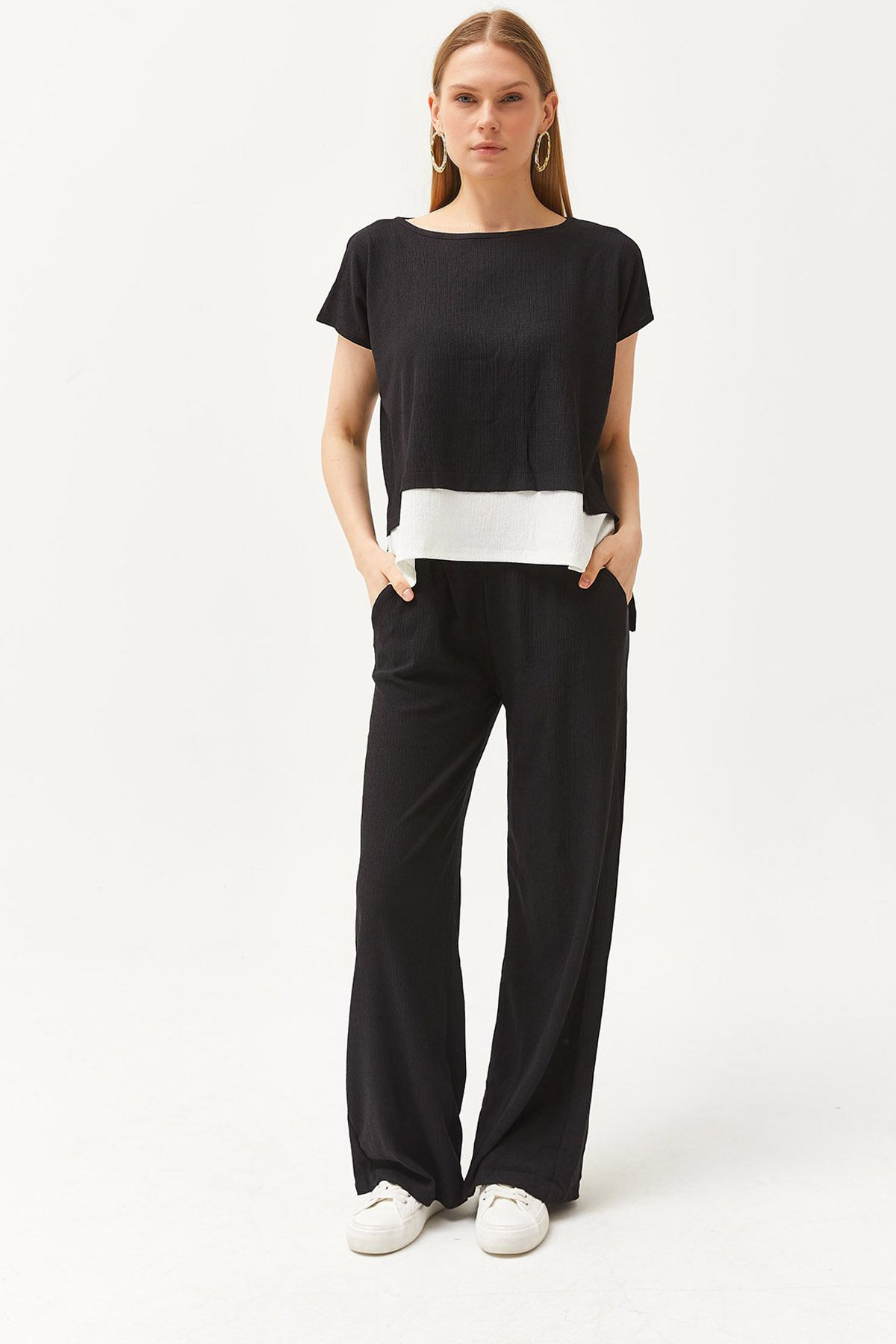 Olalook Kadın Siyah Üst Bluz Alt Pantolon Takım TKM-19000273