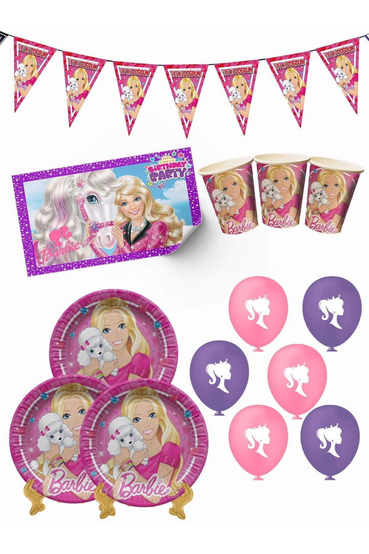 Barbie Bayraklı ve Afişli 8 Kişilik Doğum Günü Parti Malzemeleri Süsleri Seti MXST