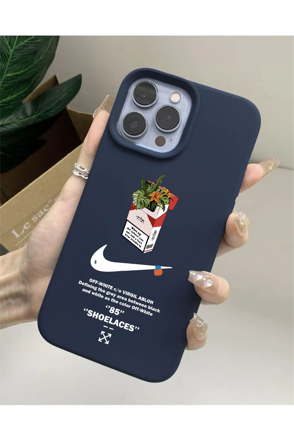 casesing Iphone 15  Uyumlu Lacivert Lansman Nike Smoke Tasarımlı İçi Süet Kaplı Kılıf