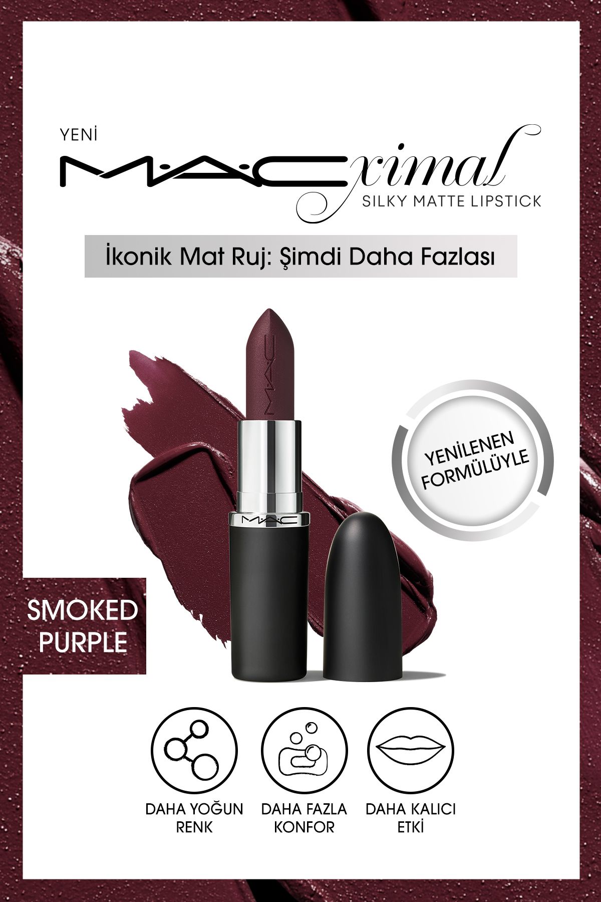Mac SMOKED PURPLE - M·A·CXIMAL Silky Matte Lipstick Nemlendirme Etkili Yoğun Renk Sağlayan Ruj