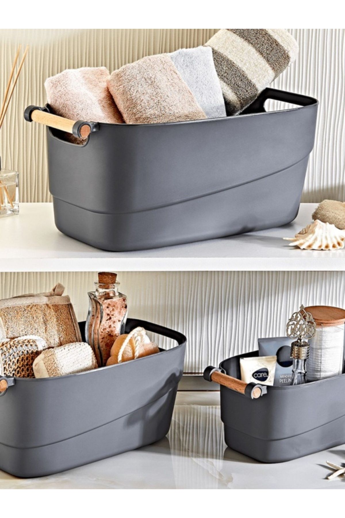 Open Home Concept 3'lü Set Ahşap Kulplu Banyo,mutfak,çekmece İçi Düzenleyici Retro Sepet Antrasit
