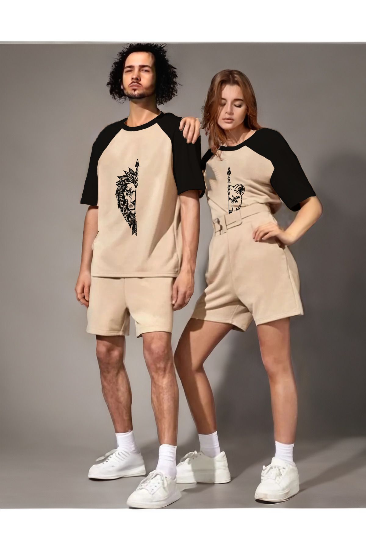 EVIus Yeni Sezon Sevgili Kombini Erkek Aslan Dişi Aslan Oversize Çift Renk T-Shirt