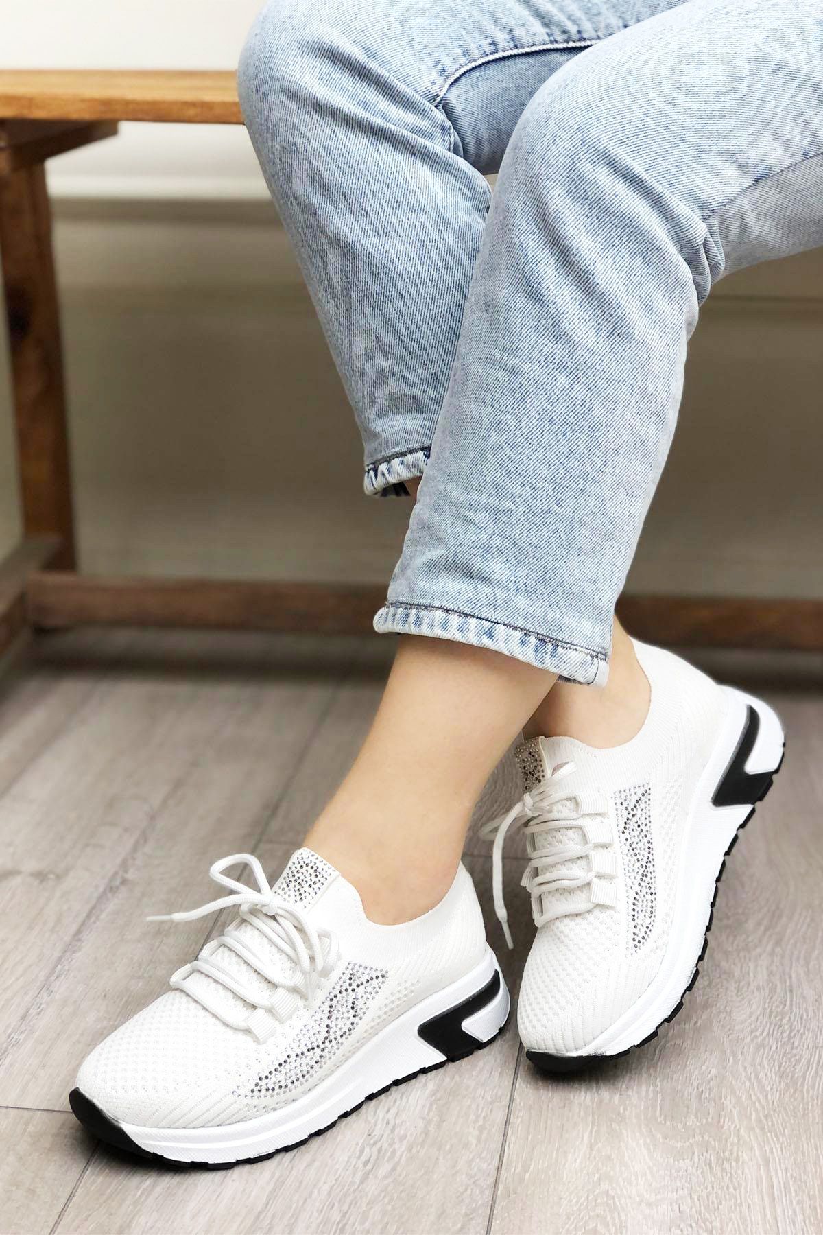 Afilli Kadın Beyaz Kalın Platform Taban Triko Taşlı Parlak Hafif Yürüyüş Günlük Sneaker Spor Ayakkabı