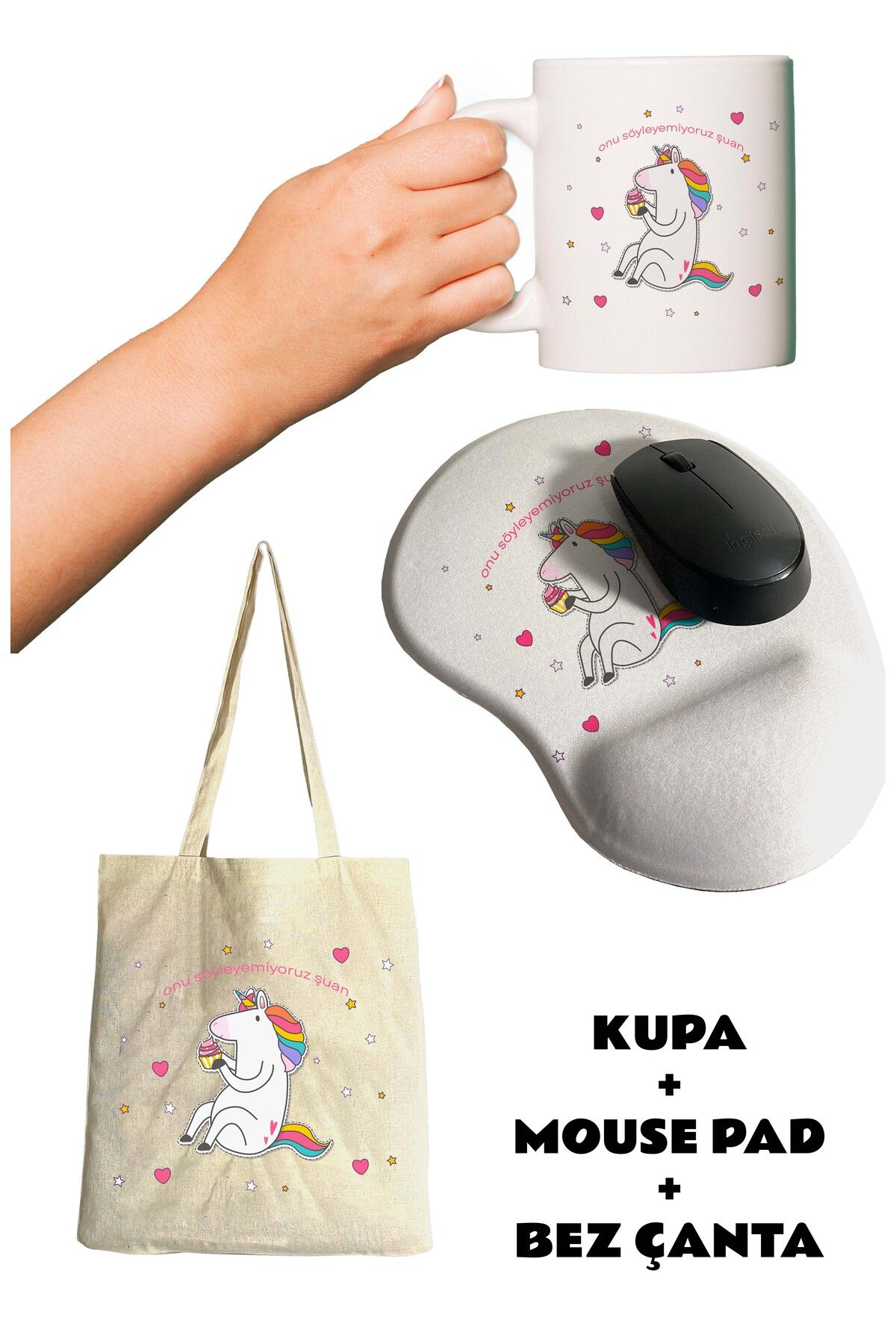 rakkun shop Onu Söyleyemiyoruz Şuan Baskılı Bilek Destekli Mouse Pad + Kupa Bardak Mug + Bez Çanta