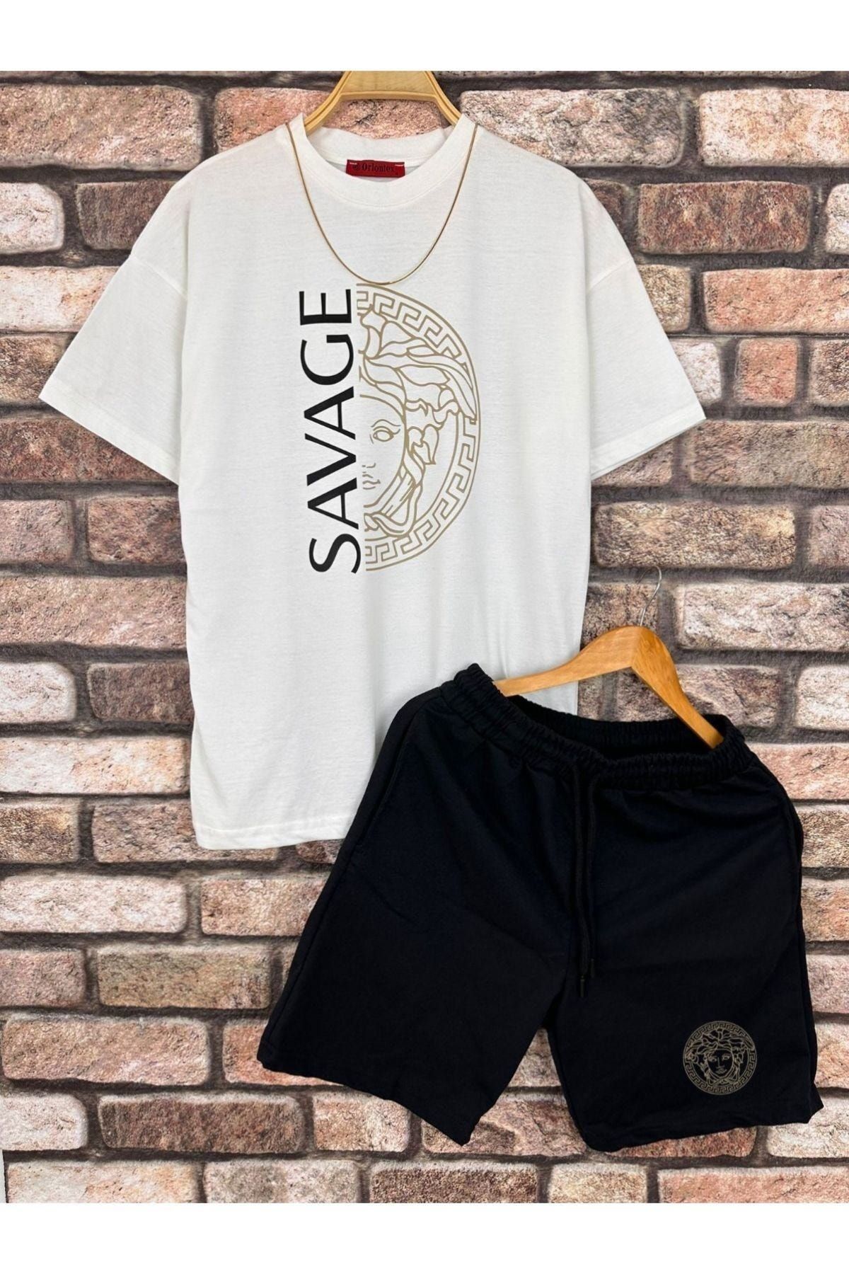 Hunors Sportswear & Company Erkek Beyaz Savage Baskılı Oversize Bisiklet Yaka T-shirt Şort Takım