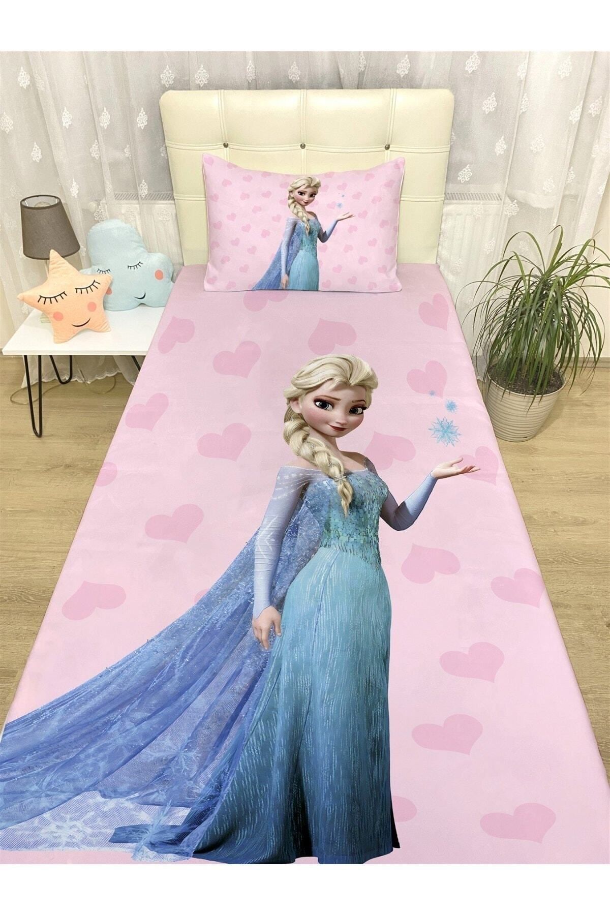 Rual Bebek& Çocuk OdasıYeni Pembe Elsa Desenli Yatak Örtüsü Ve Yastık Kılıfı