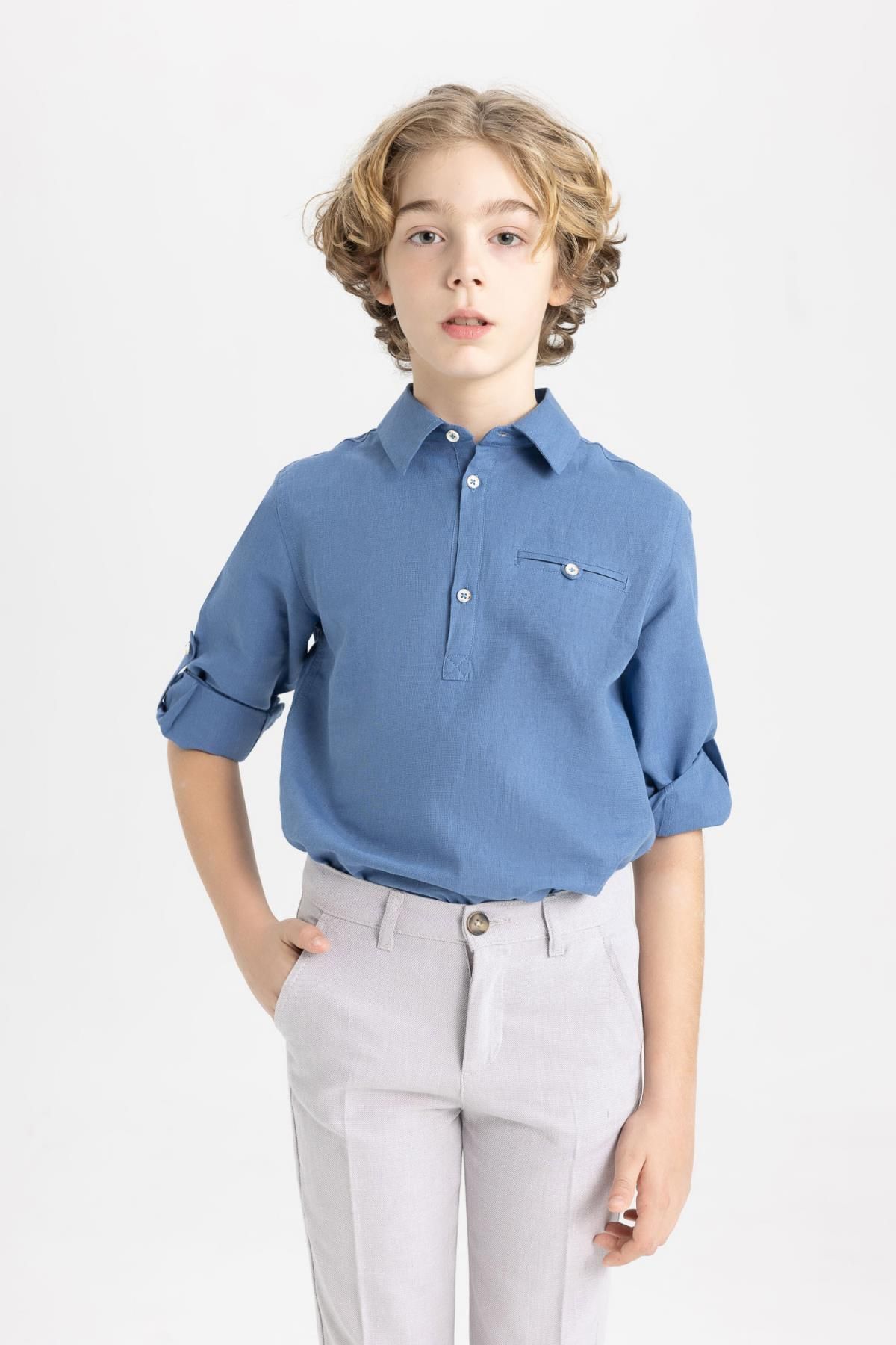 Defacto Erkek Çocuk Polo Yaka Jean Görünümlü Uzun Kollu Gömlek B7486a824sm