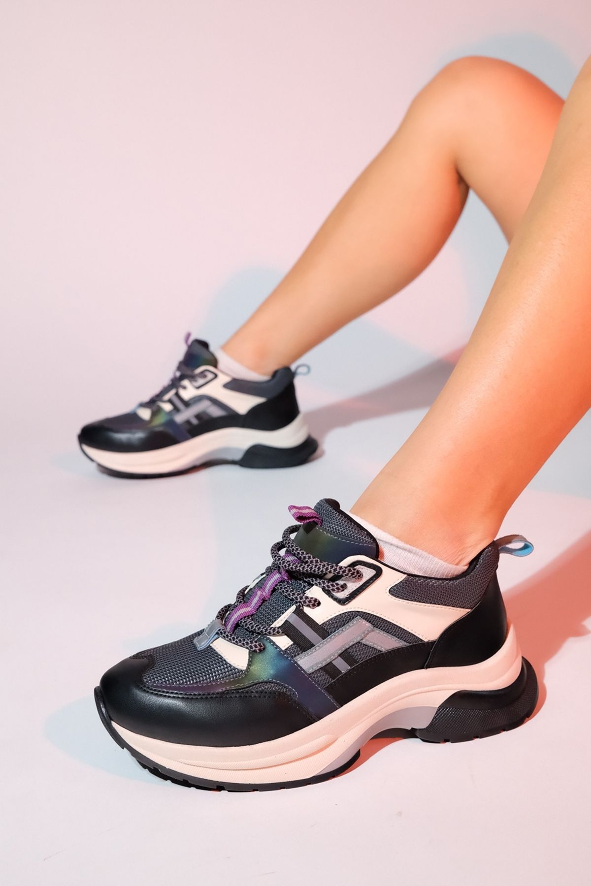 luvishoes STERDA Siyah Yeşil Kadın Kalın Taban Spor Sneakers