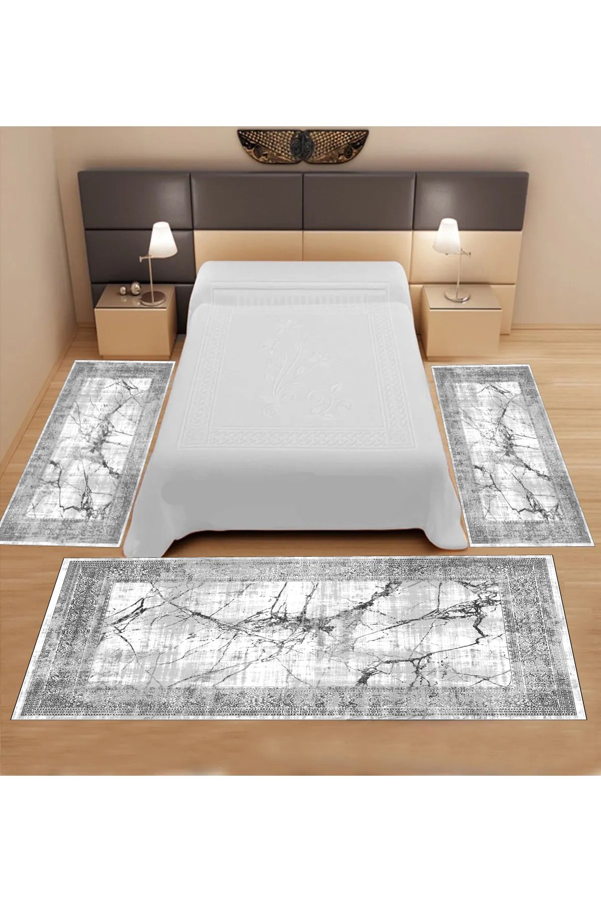 UYKE Dijital Baskılı 3 'lü Modern Yatak Odası Halısı Yolluk Takımı ( 2 Adet 80x150 Cm) (1 Adet 80x300 Cm)