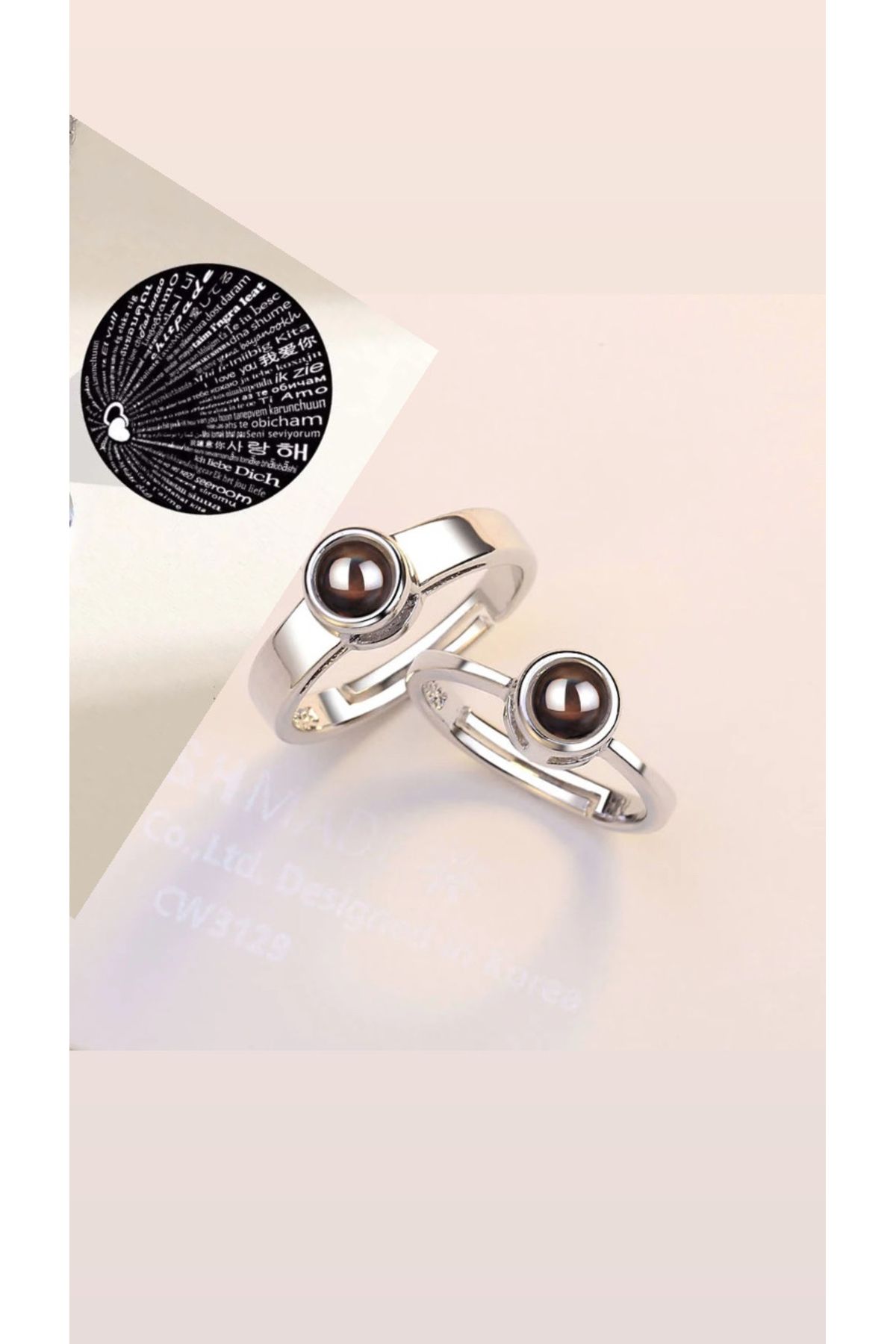 LadyBug Store 100 dilde Aşk itirafı temalı yansıtmalı gümüş kaplama çift yüzüğü