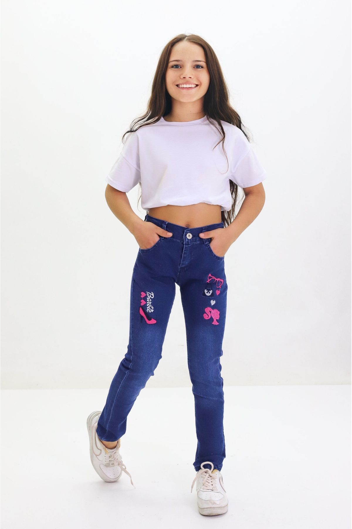 GZT TEKSTİL Kız Çocuk Likralı Pamuklu Kot Jeans Pantolon Nakış İşlemeli 6-12 Yaş
