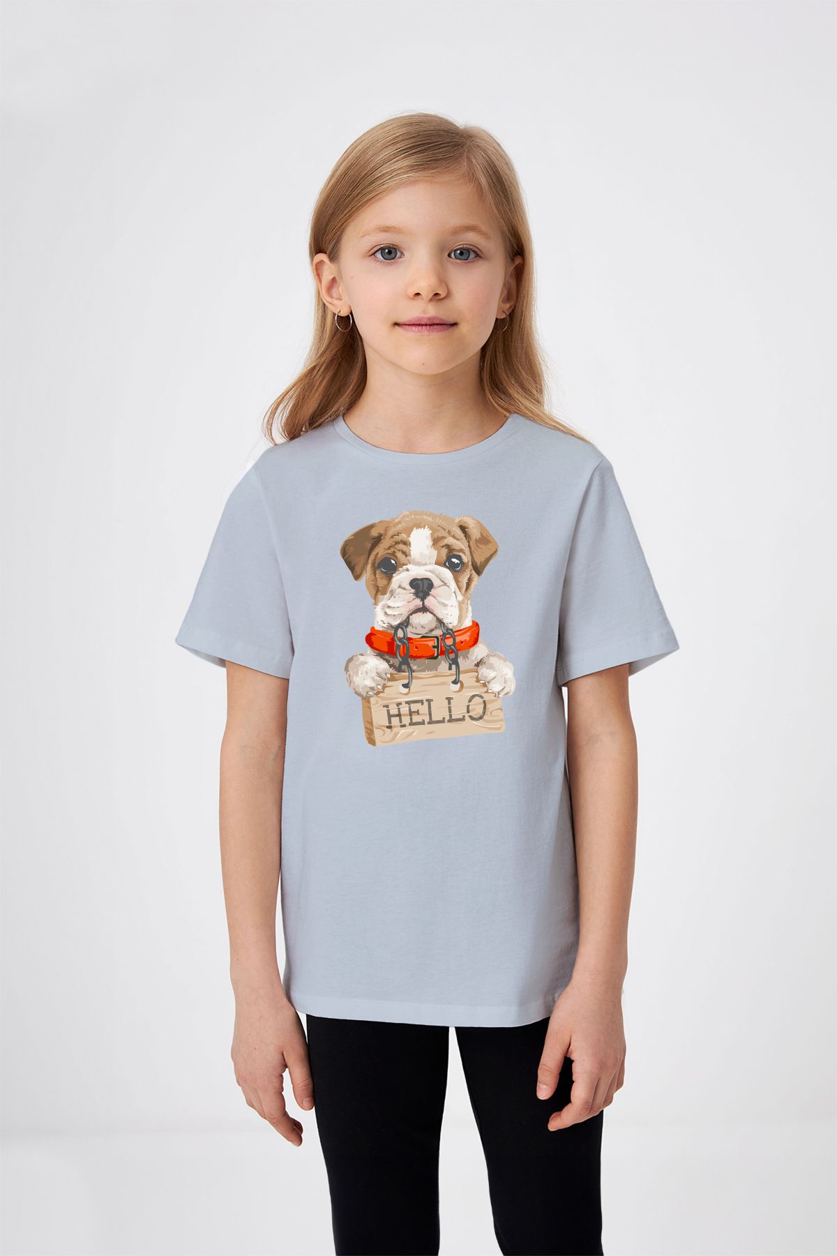 ADABEBEK Hello Tabela Detaylı Köpekçik Desenli Kız Çocuk Tişört