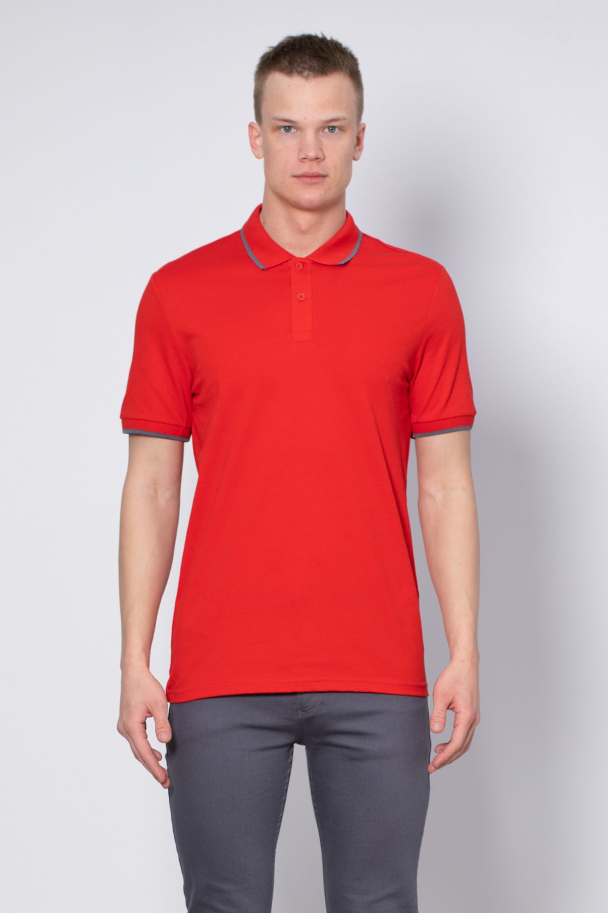 BARRELS AND OIL Yaka Çizgili Likralı Pike T-Shirt - Kırmızı