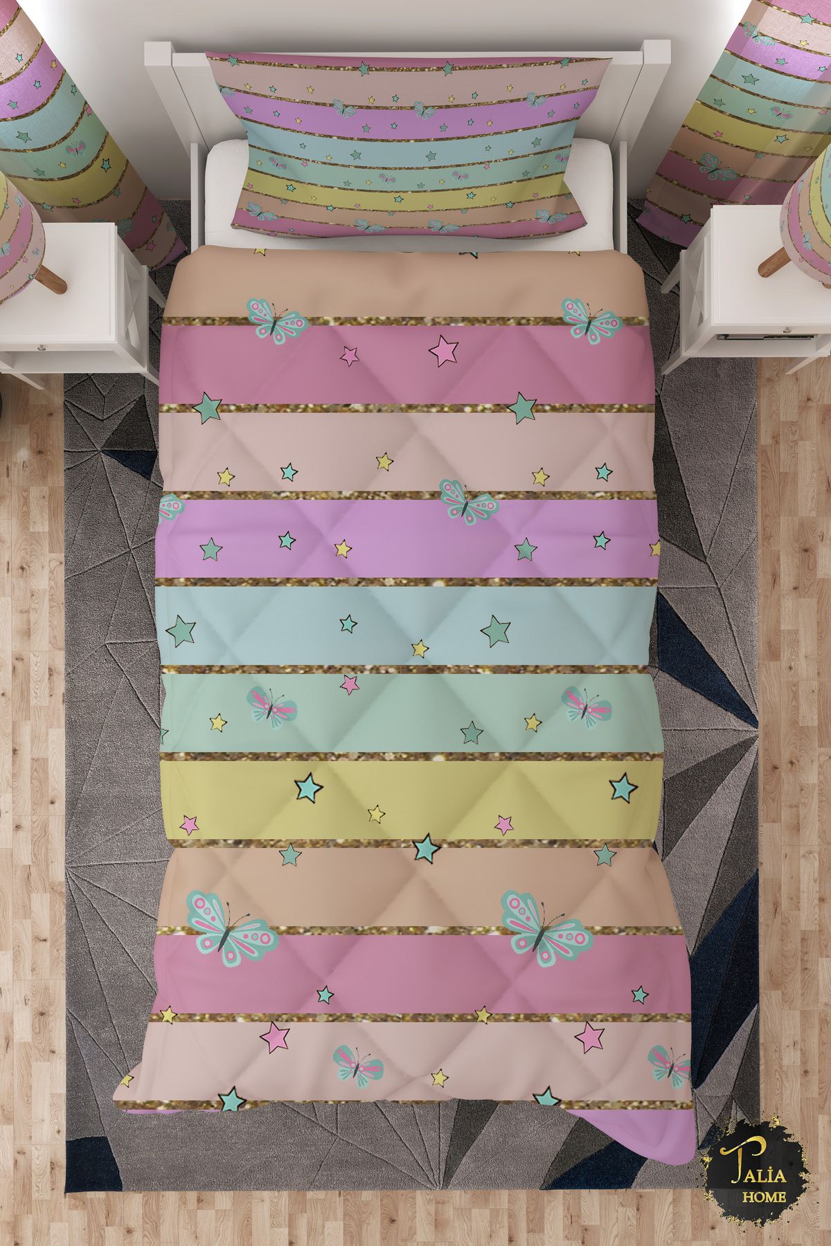 Talia Home Renkli Şeritli Tek Kişilik Çocuk Yorganı Uyku Seti