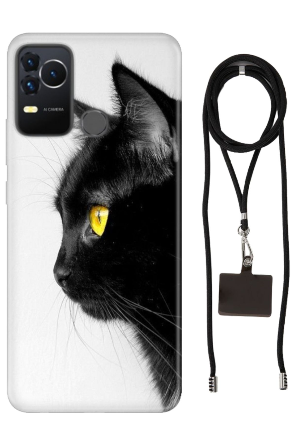 omix X400 Uyumlu Kılıf Boyun Askılı Telefon Askısı / Desenli Silikon Kedi Bakışı