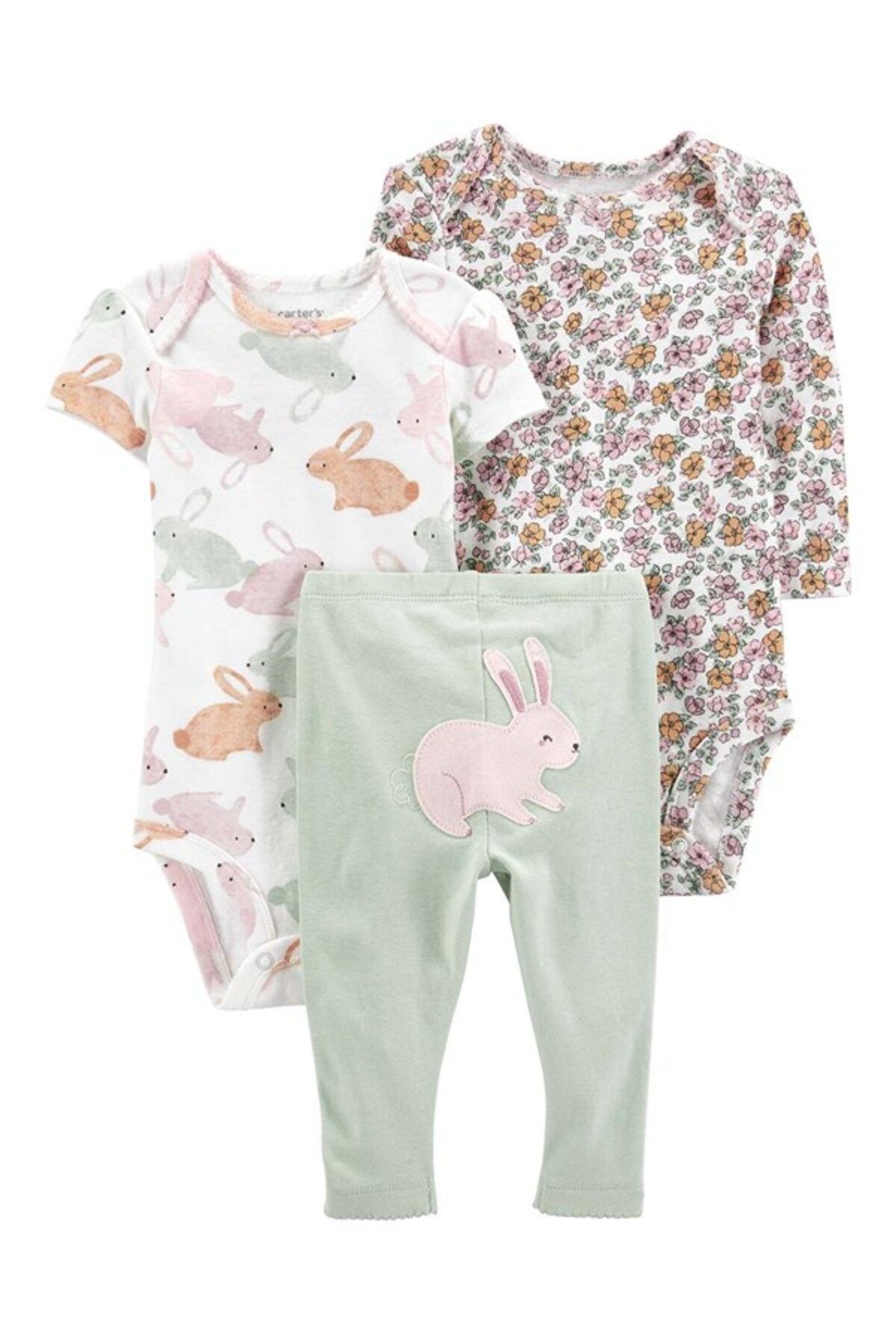 Carter's Carters Kız Bebek Tavşan Desenli 3'lü Body Pantolon Set