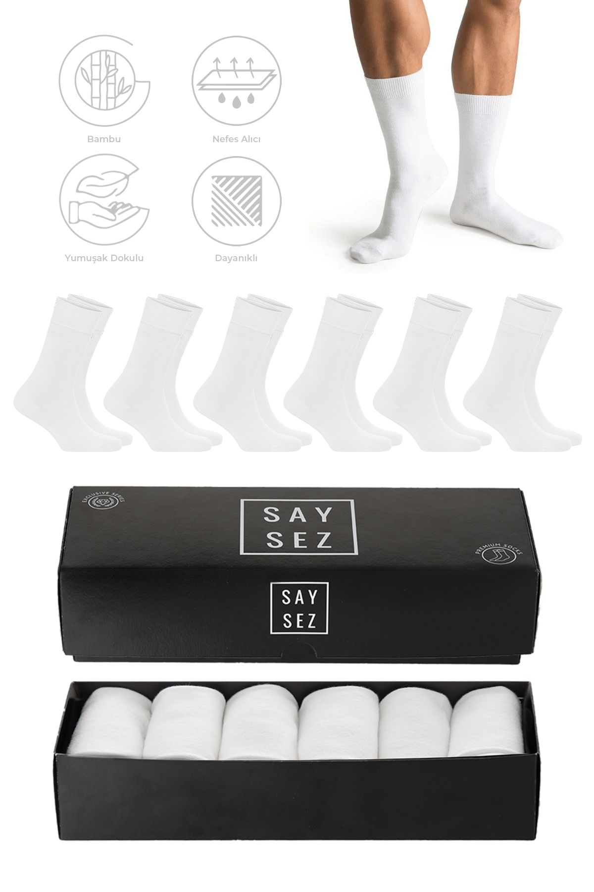 SAYSEZ Bambu Erkek Soket Uzun Düz Beyaz Çorap Dikişsiz Premium Kutulu 6'lı