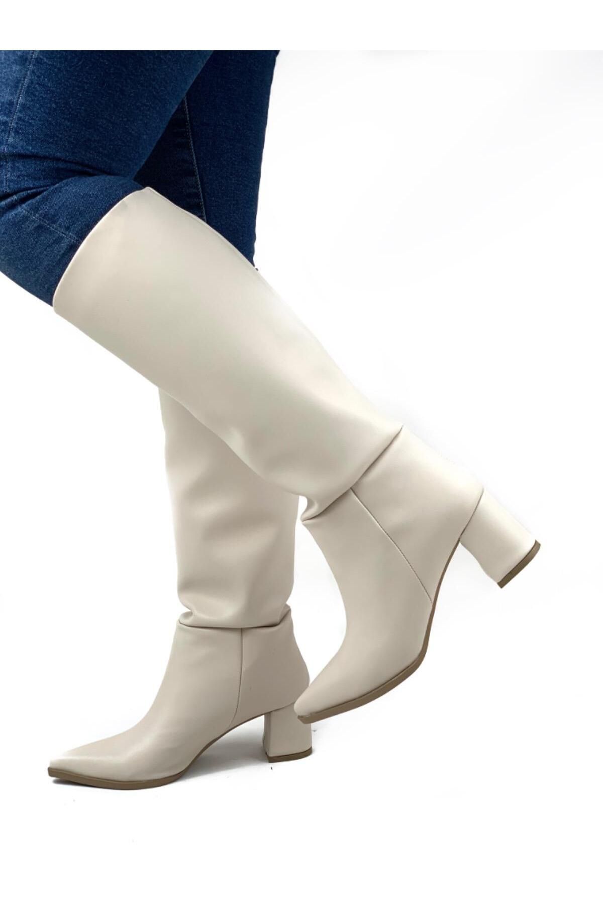 bescobel Kadın Bej Daisy Fermuarsız Topuklu Cilt Çizme