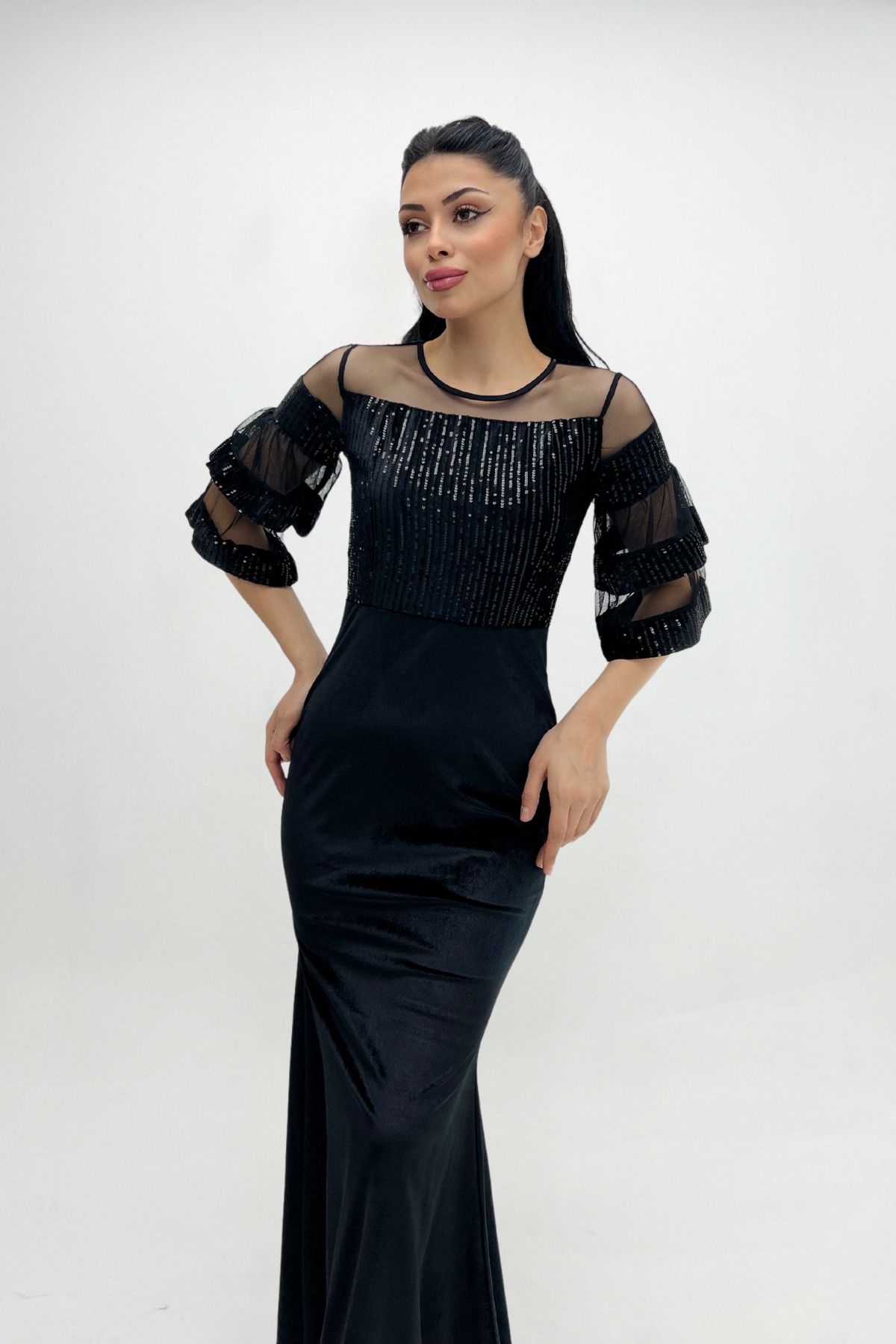 giyimmasalı Üst Payet Alt Kadife Abiye Elbise  - Siyah