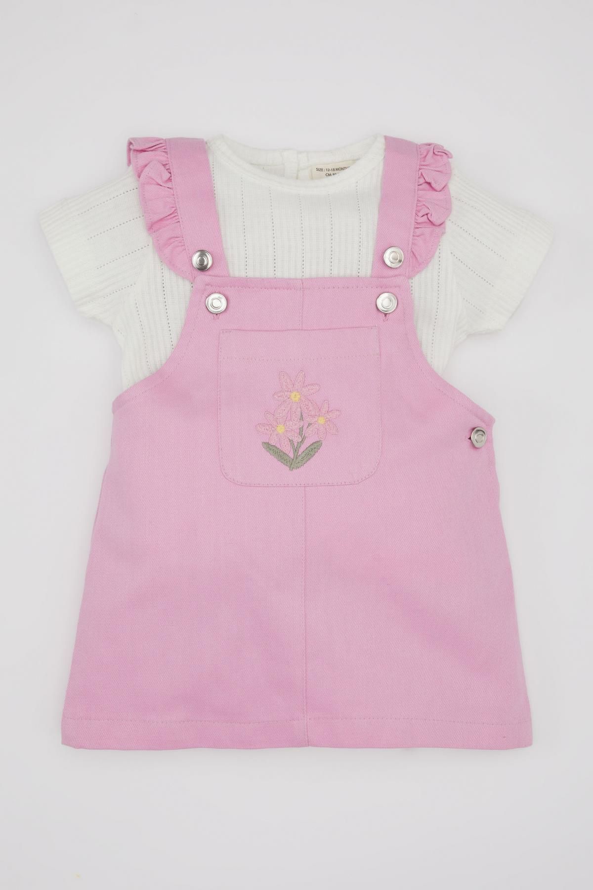 Defacto Kız Bebek Kısa Kollu Tişört Çiçekli Gabardin Salopet Elbise 2li Takım C2142A524SM