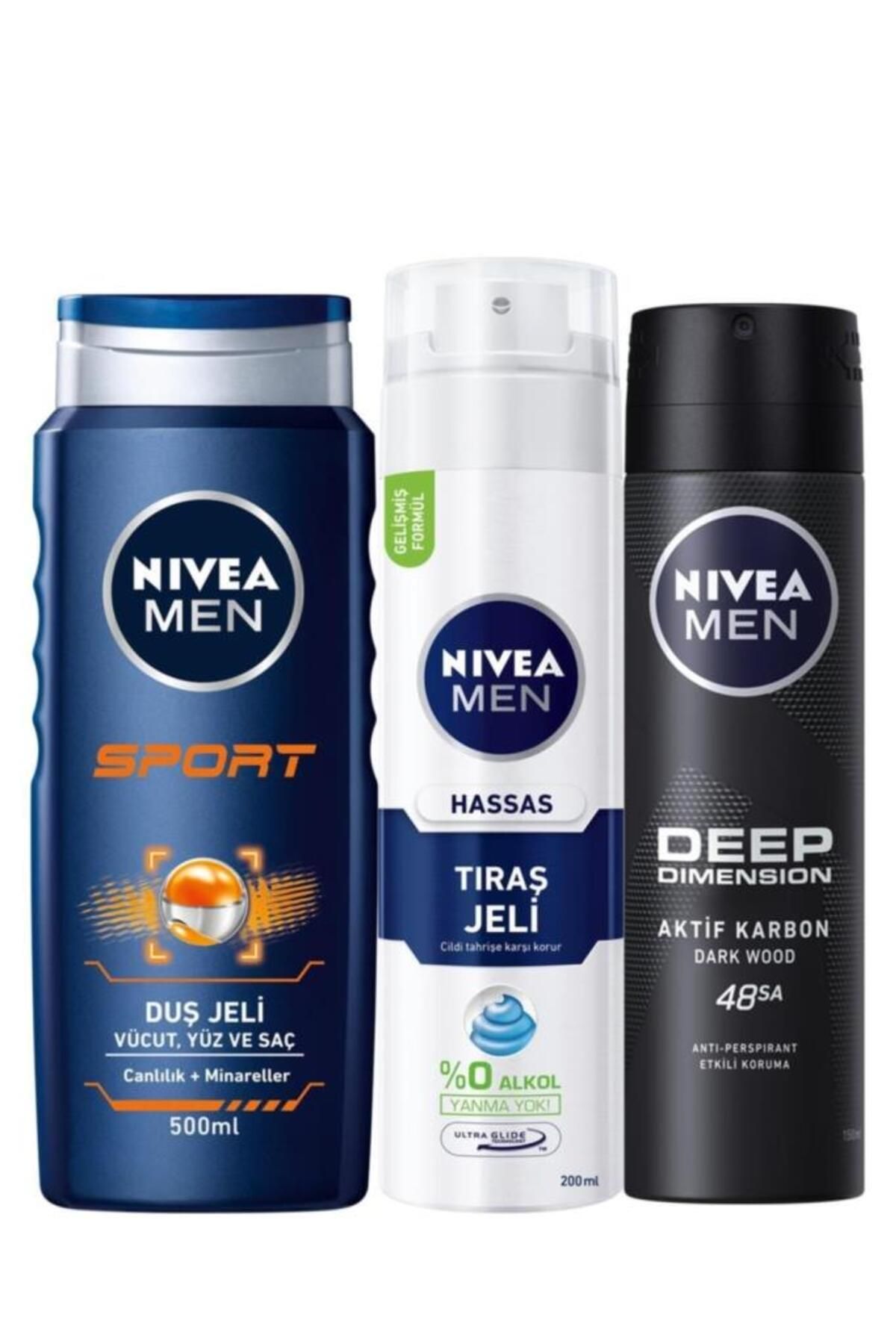 NIVEA Men Sport Saç Ve Vücut Şampuanı 500 ml Hassas Tıraş Jeli 200 ml Deodorant Sprey 150 ml