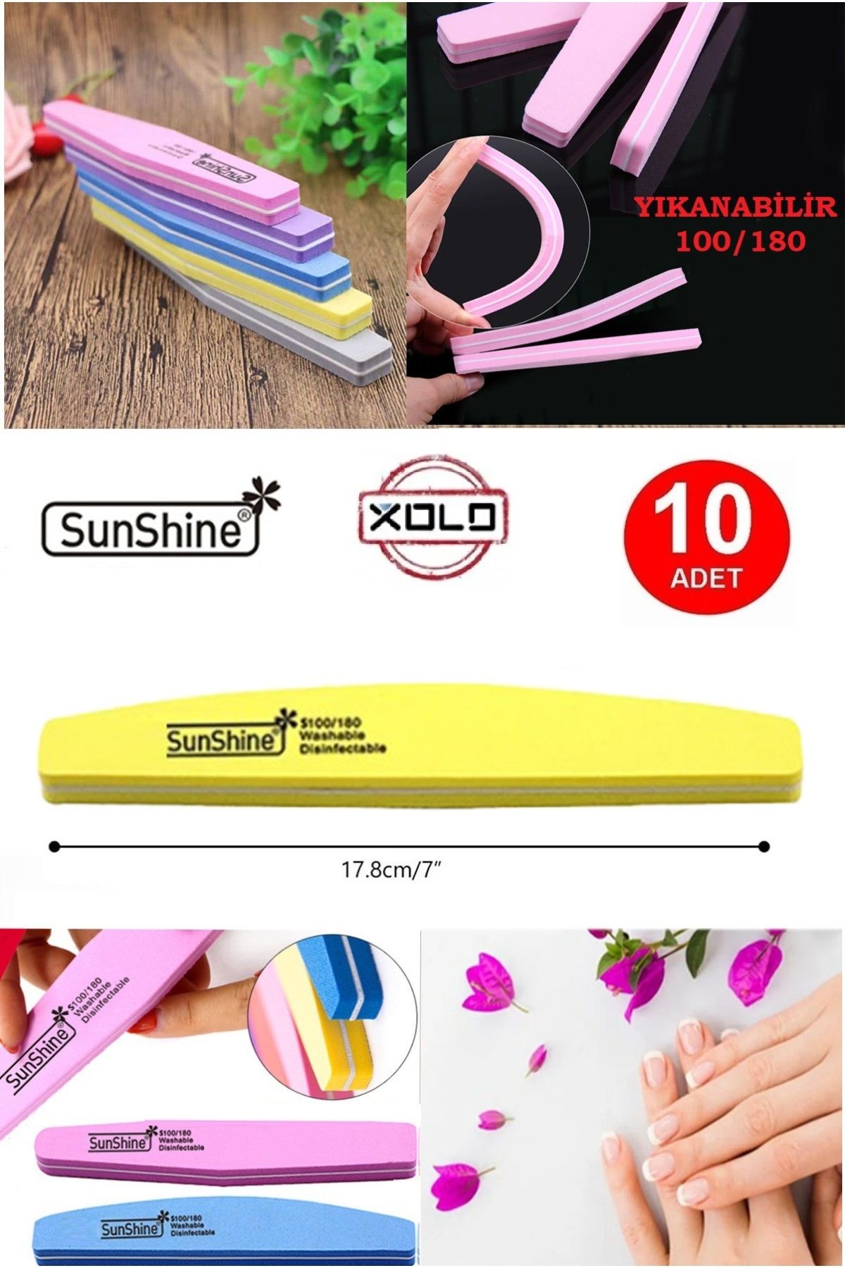 Xolo 10 Adet Sarı 100/180 Doğal Veya Protez Tırnak Törpüsü Çift Taraflı Yıkanabilir SunShine