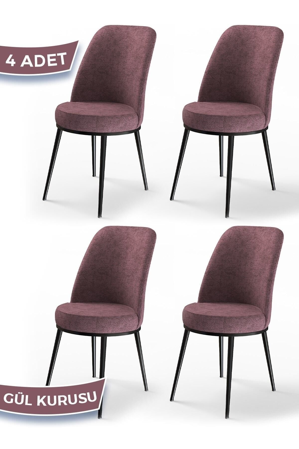 Canisa Concept Dexa Serisi, Üst Kalite Yemek Odası Sandalyesi, Metal Siyah Iskeletli, 4 Adet Gülkurusu Sandalye