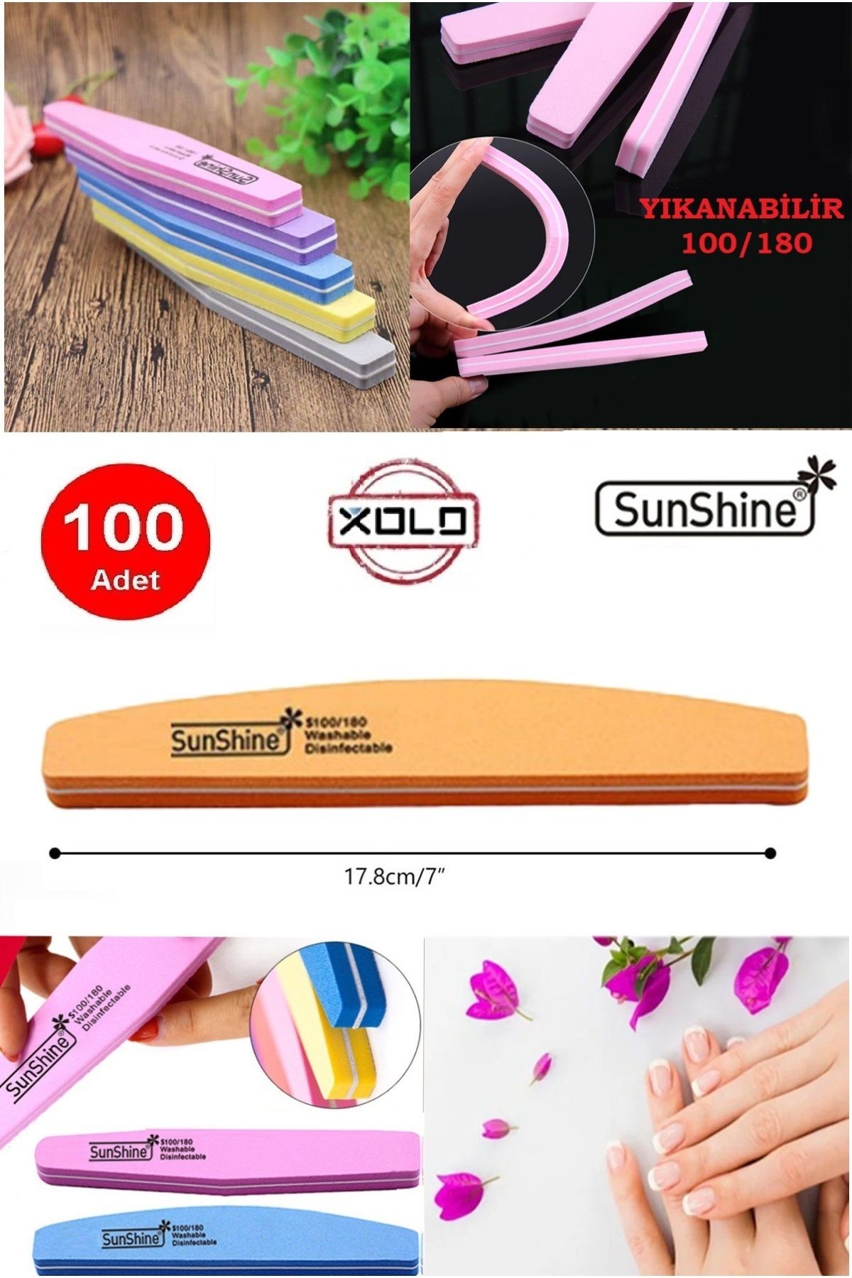 Xolo 100 Adet Turuncu 100/180 Doğal Veya Protez Tırnak Törpüsü Çift Taraflı Yıkanabilir SunShine