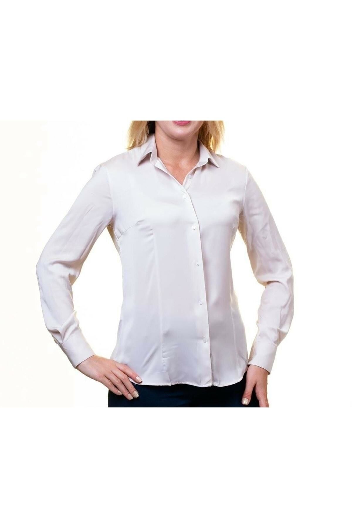 FATELLA Kadın Uzun Kol Dar Kesim Likralı iş GÖMLEĞİ Beyaz Gömlek