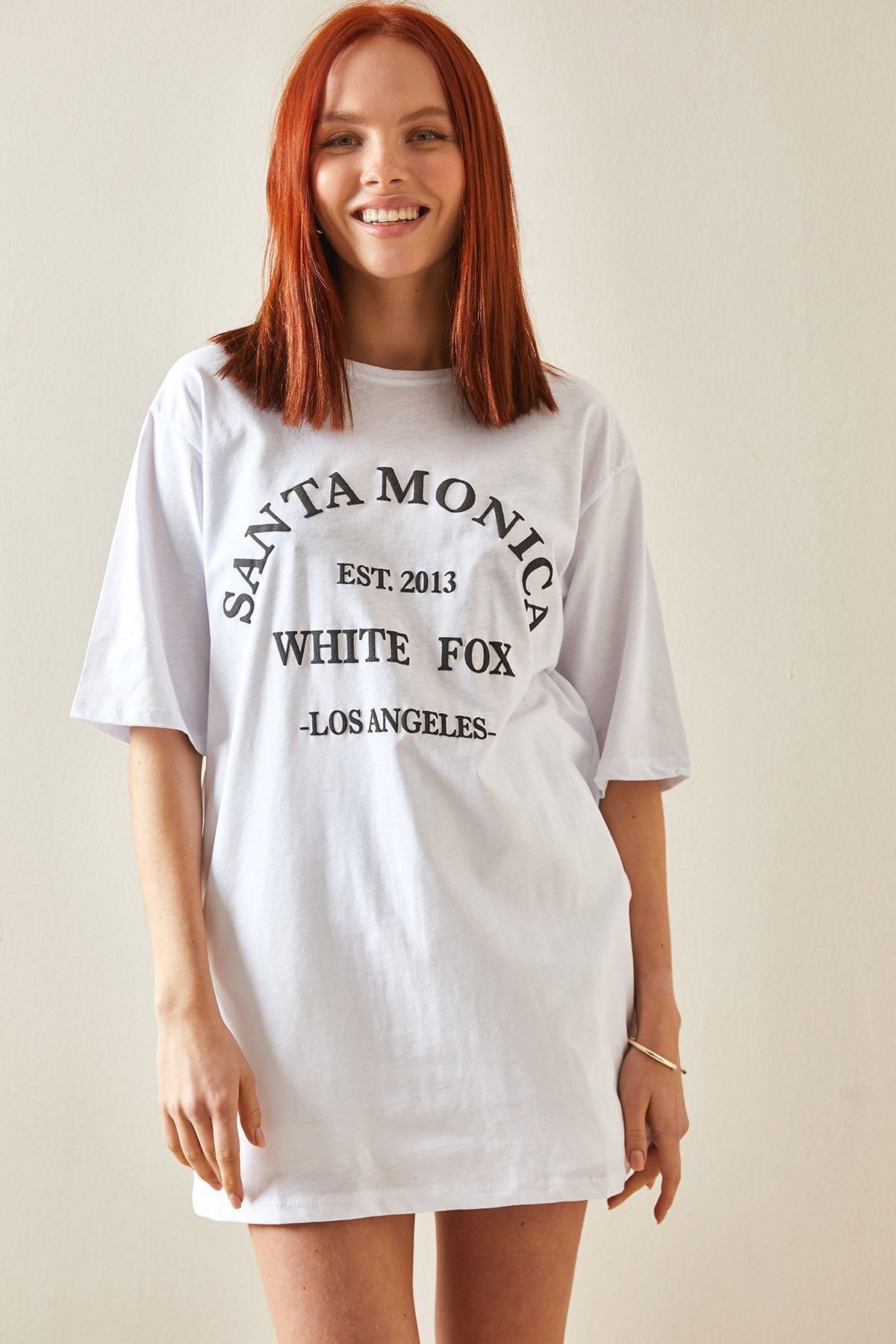 XHAN Beyaz Bisiklet Yaka Yazılı Midi Oversize T-Shirt 5YXK1-48207-01