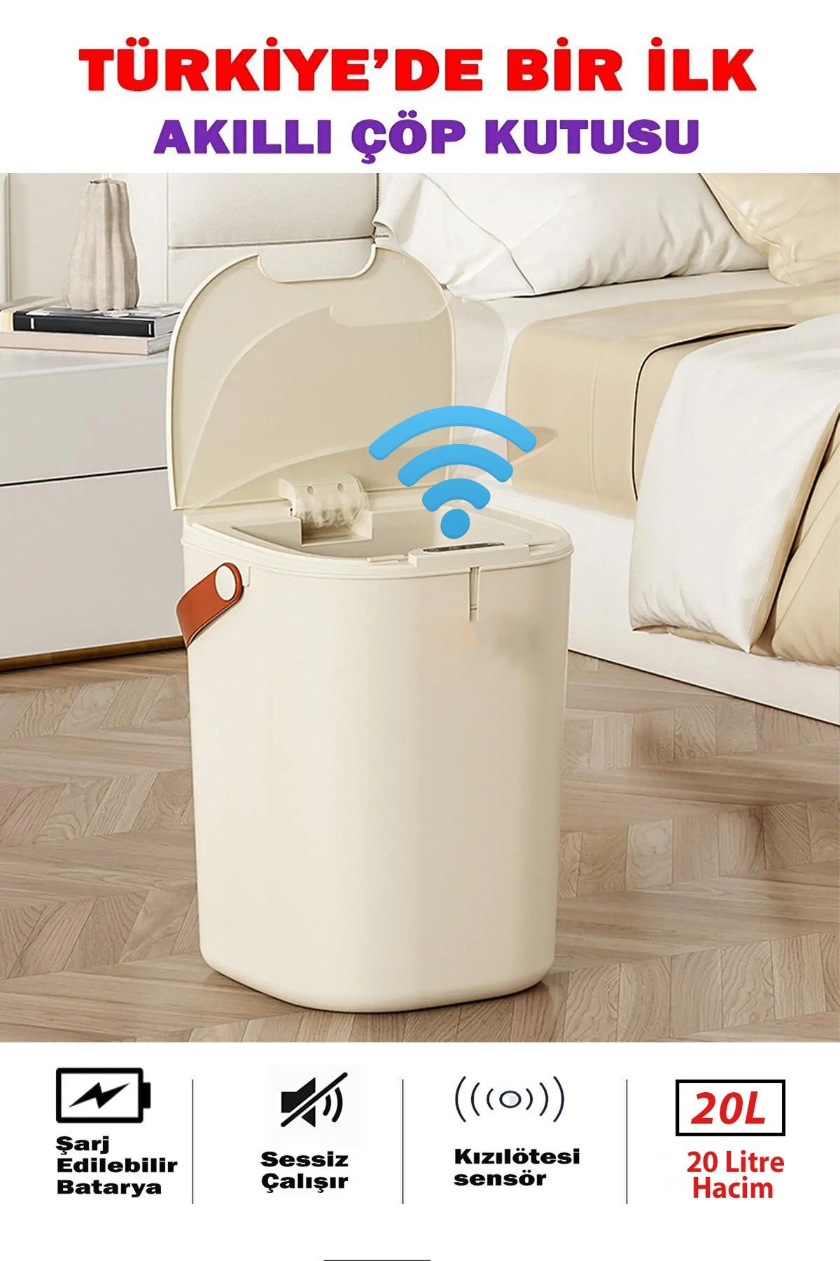 PASACO Akıllı Teknolojik Şarj Edilebilir Çöp Kutusu Otomatik Sensörlu Çöp Tenekesi Şarjlı Çöp Kovası 20LİTR