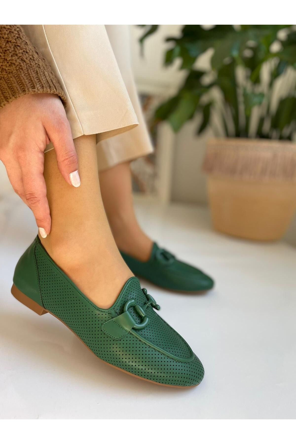 L&L Günlük Lazer Delikli Yeşil Loafer Kadın Ayakkabı