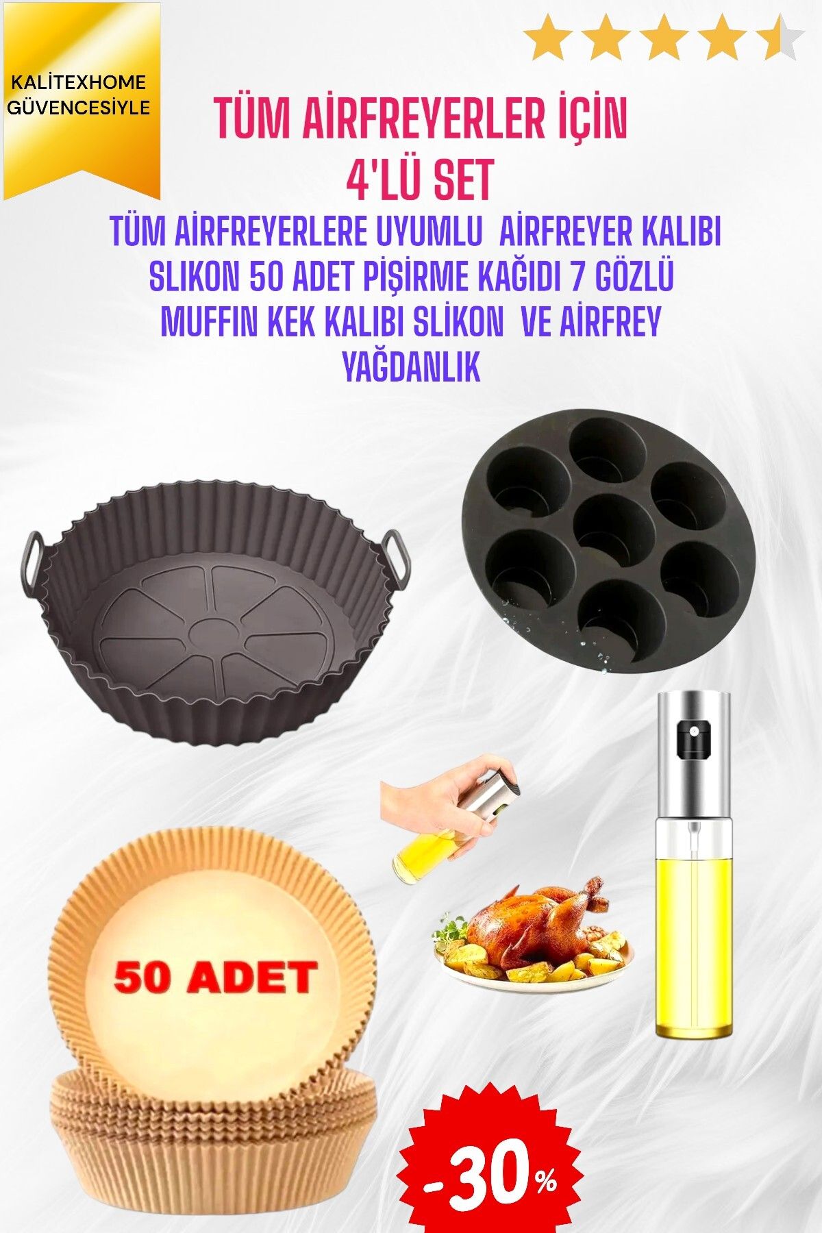 kalitexhome Airfryer Pişirme Seti Silikon Kap+ Muffin Kabı+50li Pişirme Kağıdı+cam Sprey Yağdanlık 4lü Set