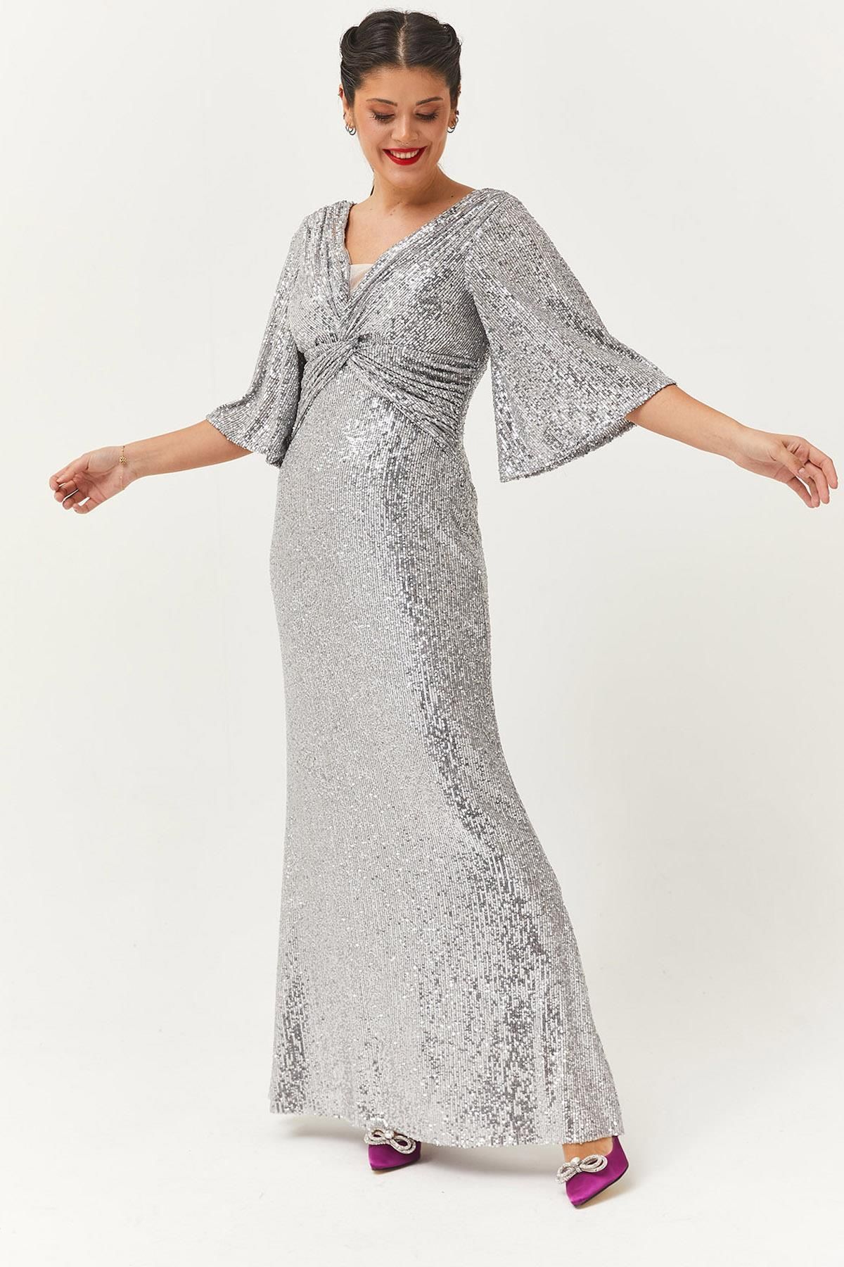Ebsumu Kadın Büyük Beden Pul Payetli Uzun Gümüş Abiye & Gece Elbisesi