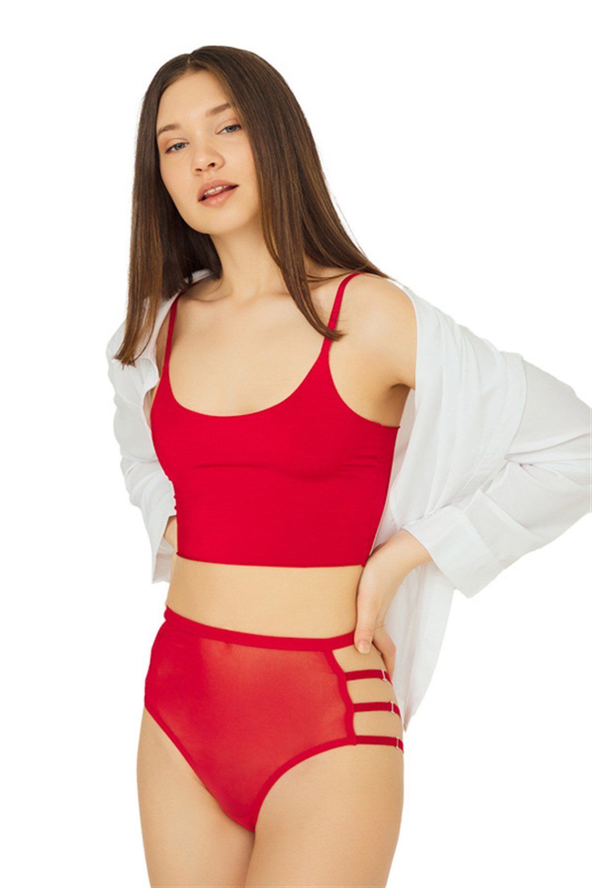 Cottonhill Kırmızı Tül Transparan Lastik Detaylı Yüksek Bel Bikini Külot