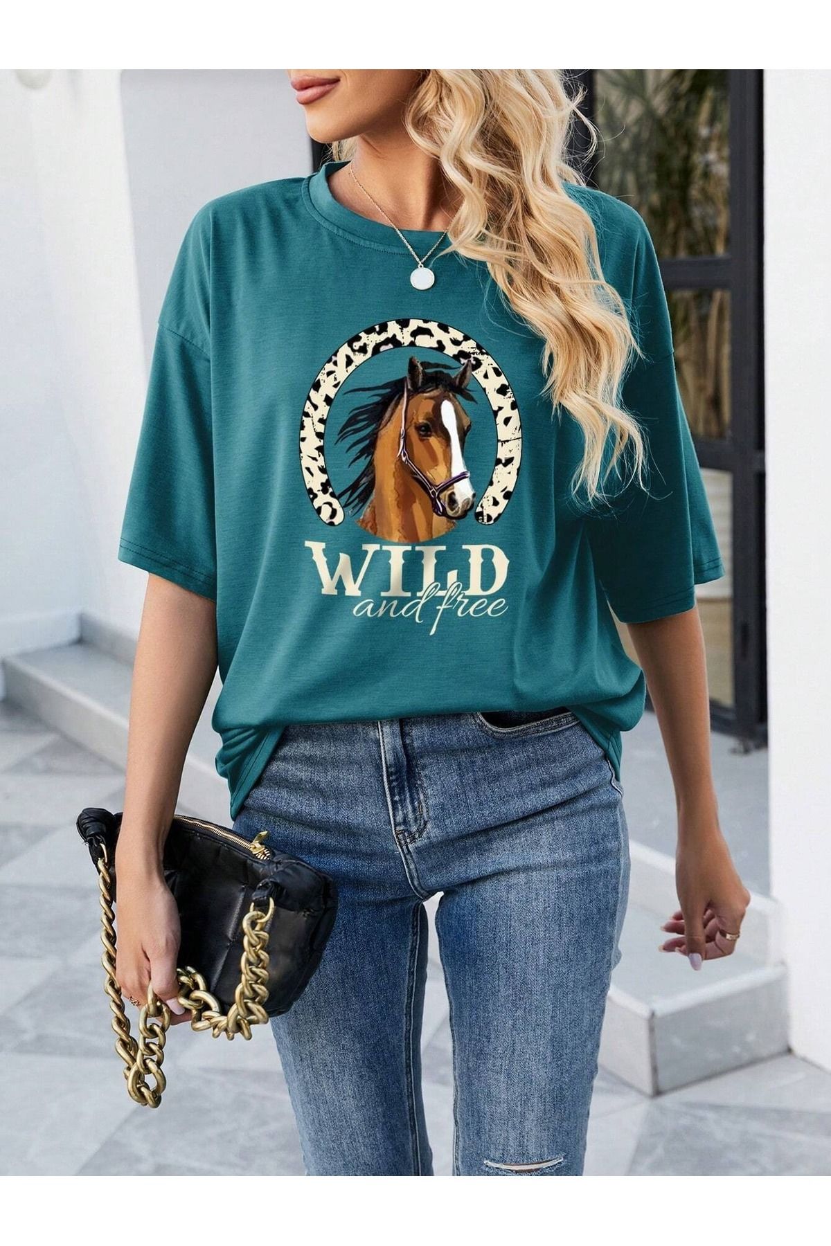 Trendseninle Kadın Petrol Mavi Horse Baskılı Oversize T-shirt