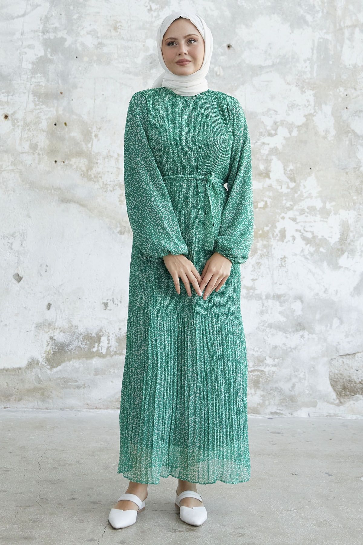 InStyle Kuşaklı Çıtır Desen Şifon Elbise - Yeşil