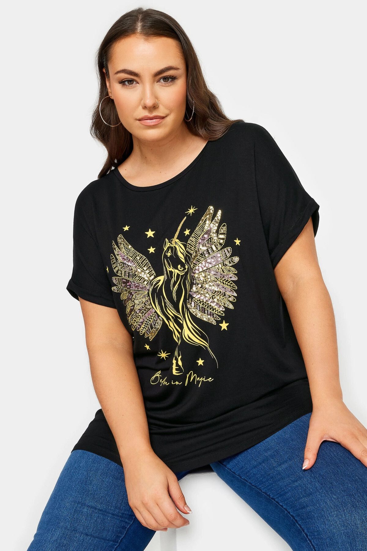Stil Diva Büyük Beden Bisiklet Yaka Kısa Kollu Metalik Baskılı T-shirt 302894