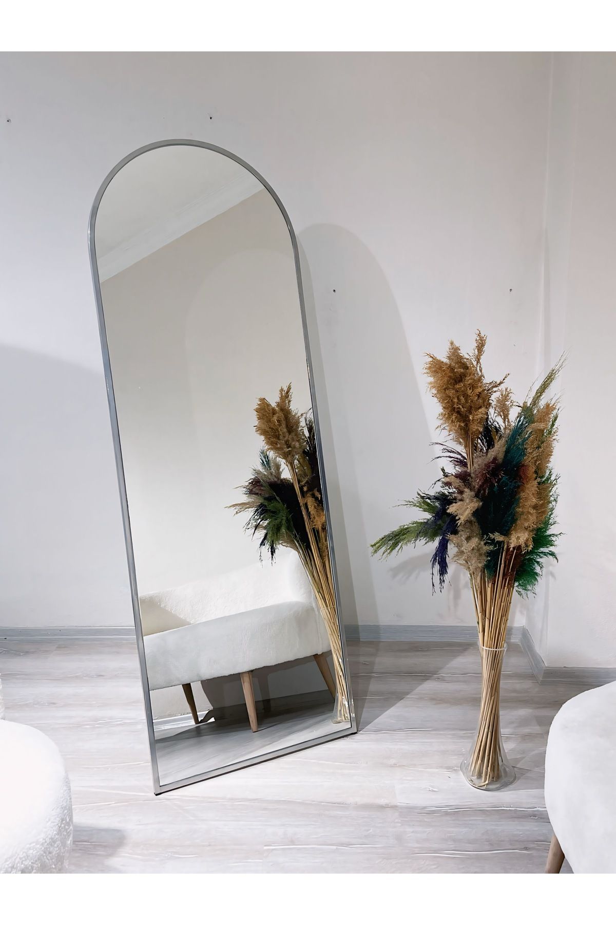 Ersan Dizayn Gümüş Metal Çerçeve Oval Ayaklı Boy Aynası 65x180 Cm