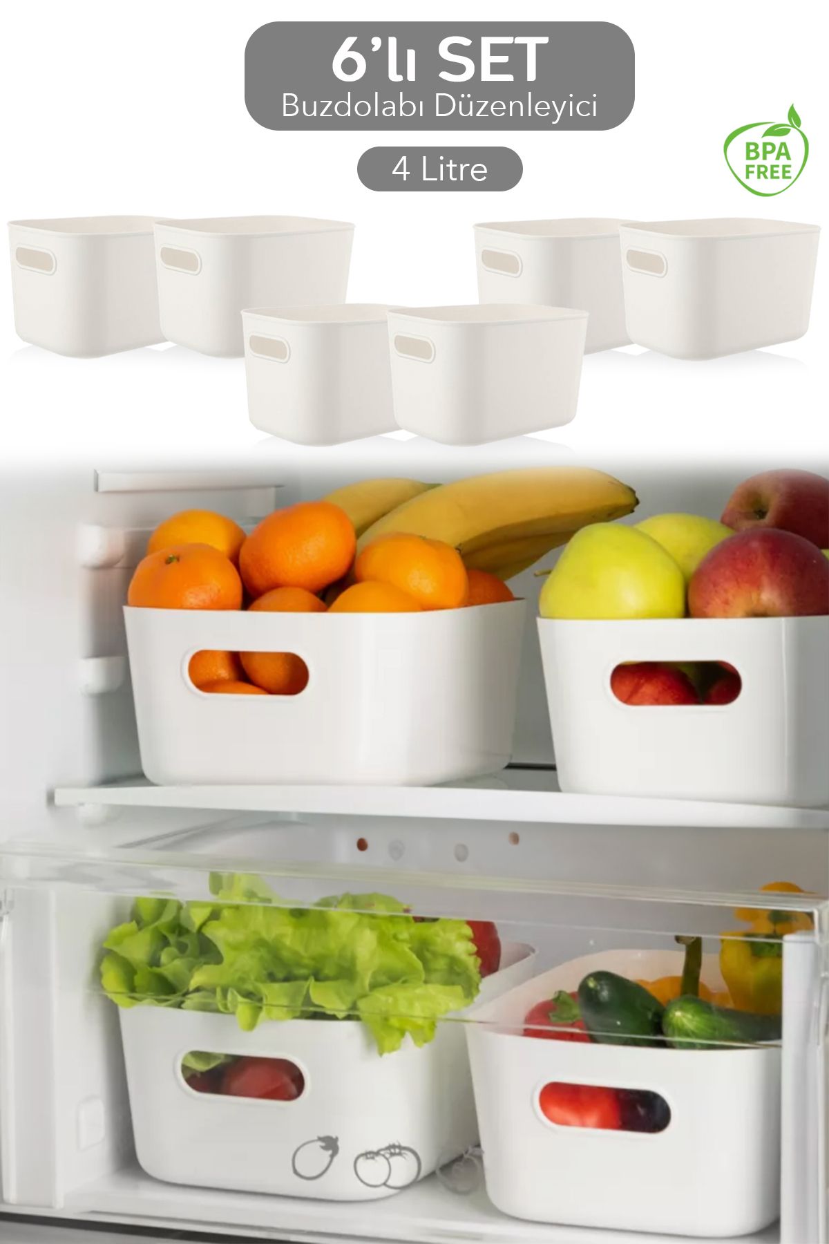 Meleni Home 6'lı Buzdolabı Dolap Içi Düzenleyici Organizer Saklama Kabı Beyaz 6 x 4 Litre