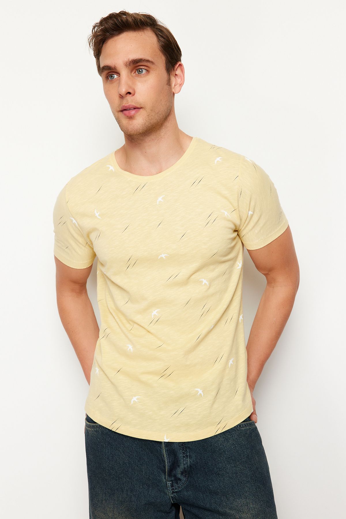 TRENDYOL MAN Sarı  Regular/Normal Kesim Desenli T-Shirt TMNSS24TS00201