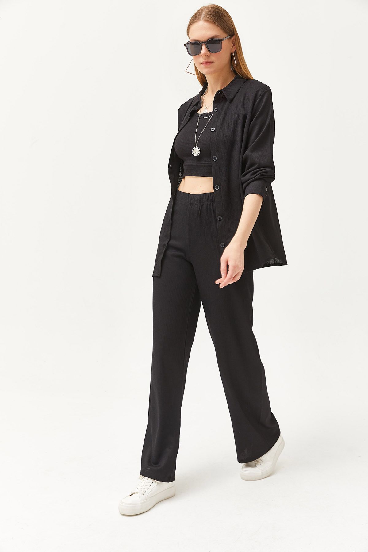Olalook Kadın Siyah Gömlek Bluz Pantolon 3'lü Takım TKM-19000270