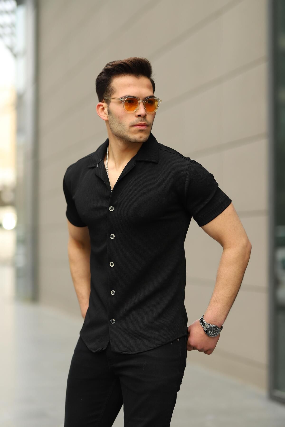 comstar Erkek Yazlık Likralı Slim Fit Gömlek Yaka Kısa Kollu Gömlek