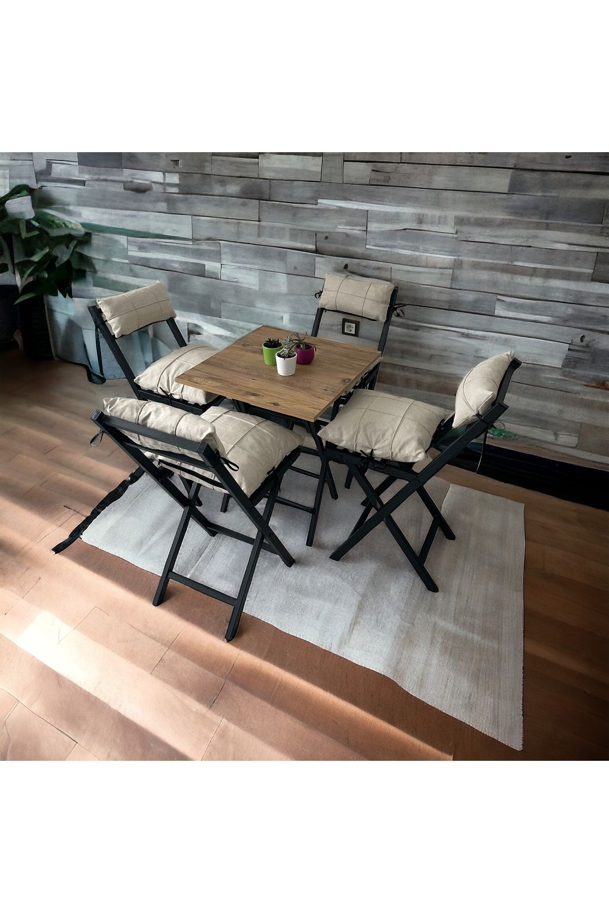Modern Style Home Minderli Balkon Bahçe Mutfak Bistro Set Katlanır 4+1 Masa - Sandalye