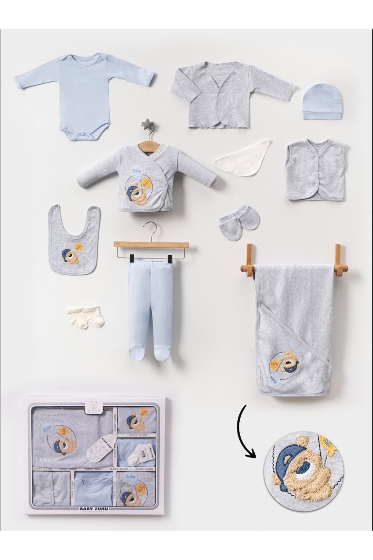 NEU KIDS Kutulu Erkek - Yenidoğan Bebek Kıyafetleri Ayıcık 11'li Hastane Çıkışı Setleri Süzene Nakışlı